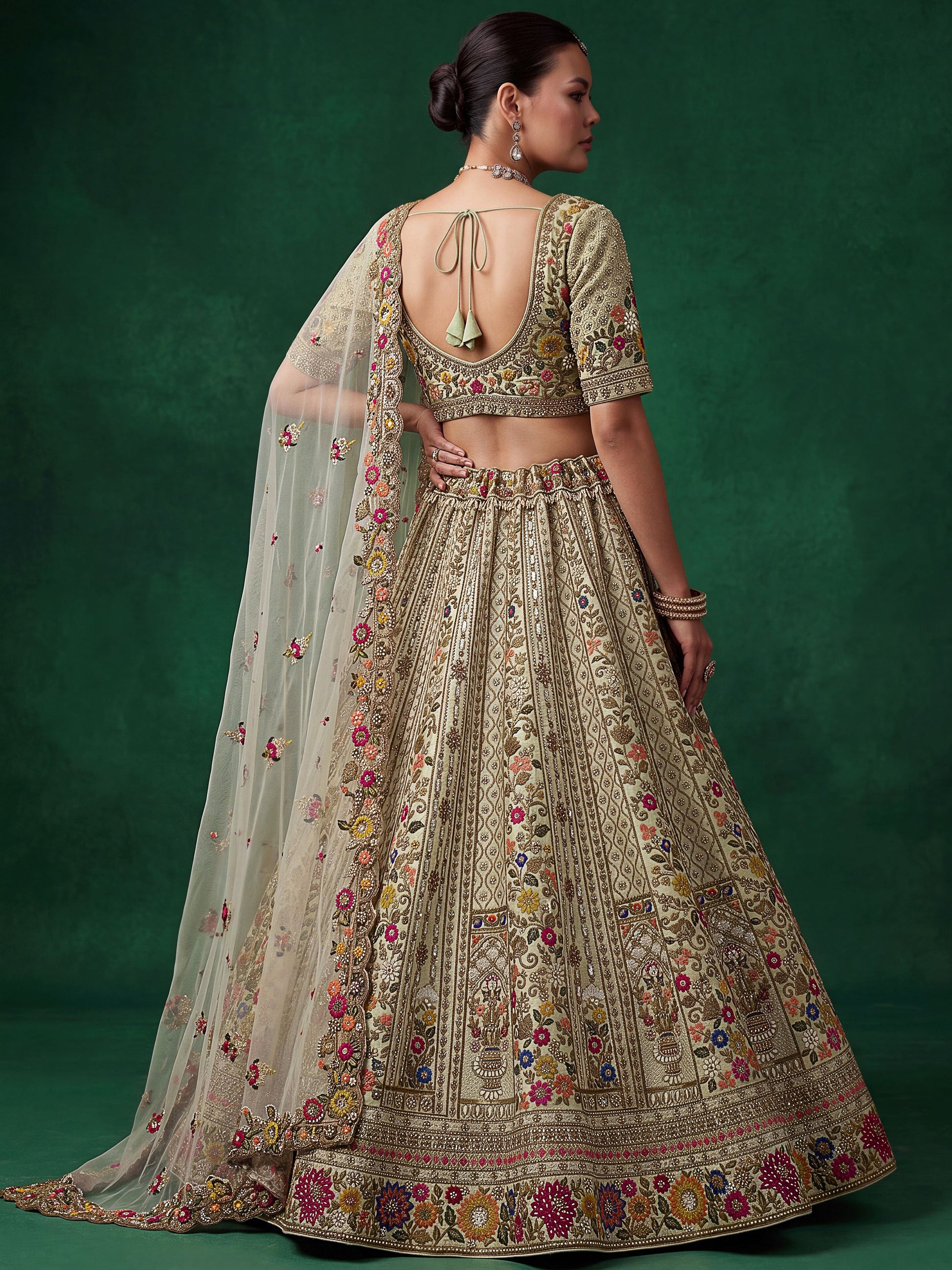 Great Sage Green Embroidered Silk Wedding Wear Lehenga Choli With Dupatta