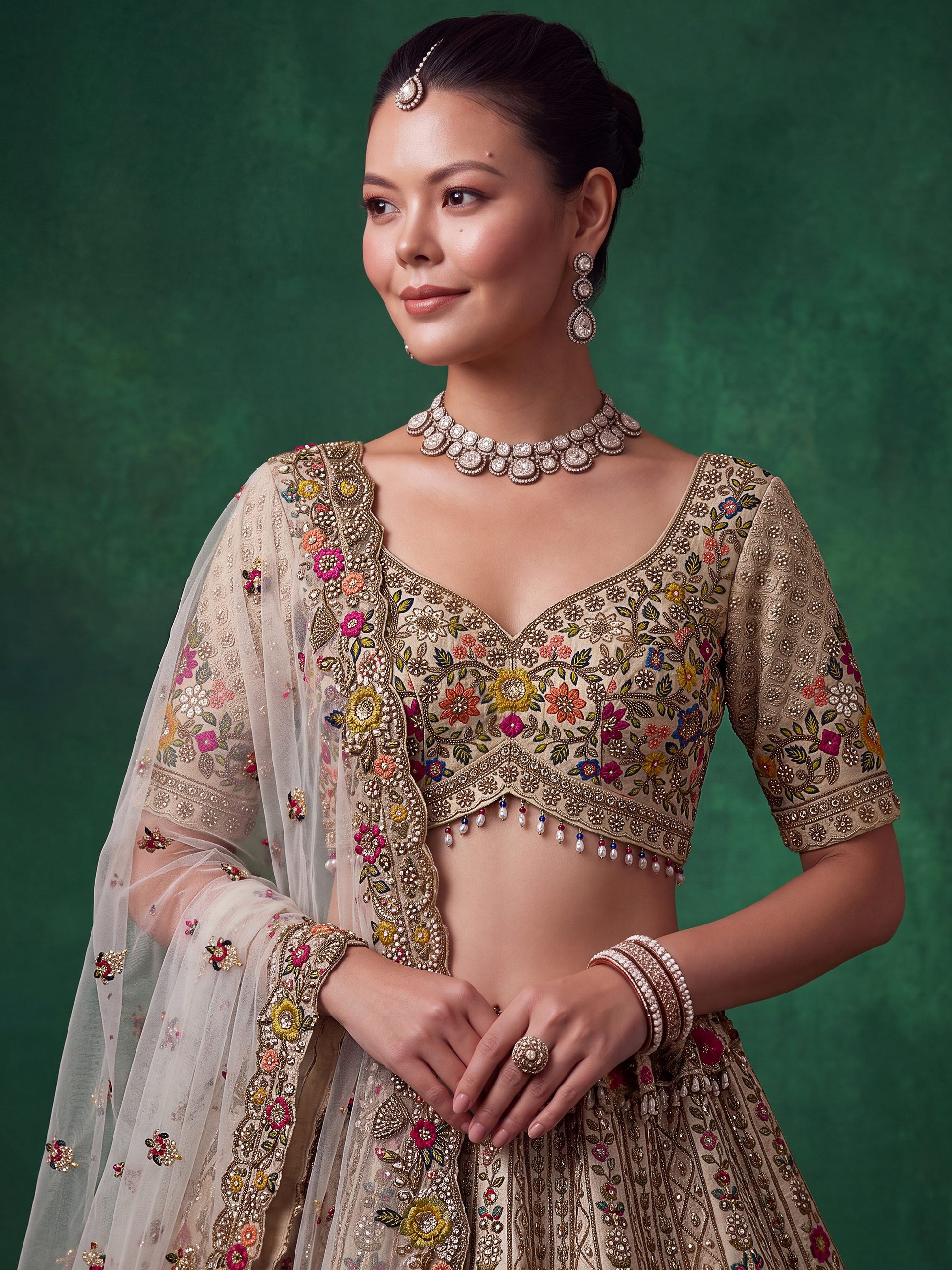Awesome Cream Zari Work Silk Wedding Wear Lehenga Choli With Dupatta