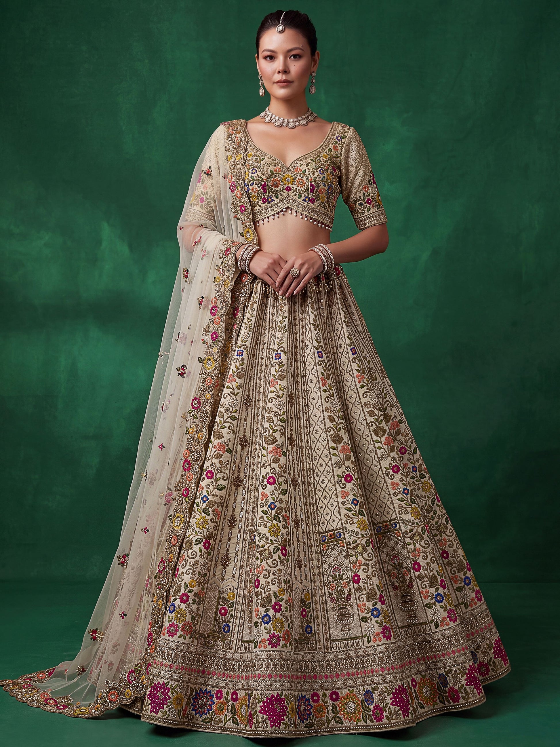 Awesome Cream Zari Work Silk Wedding Wear Lehenga Choli With Dupatta