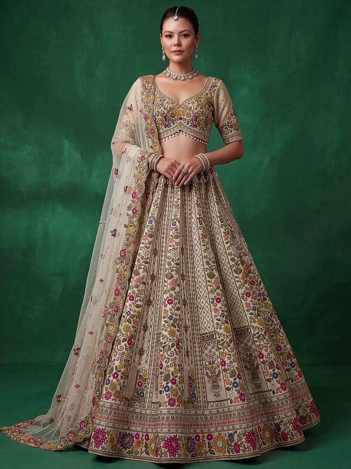 Awesome Cream Zari Work Silk Wedding Wear Lehenga Choli With Dupatta