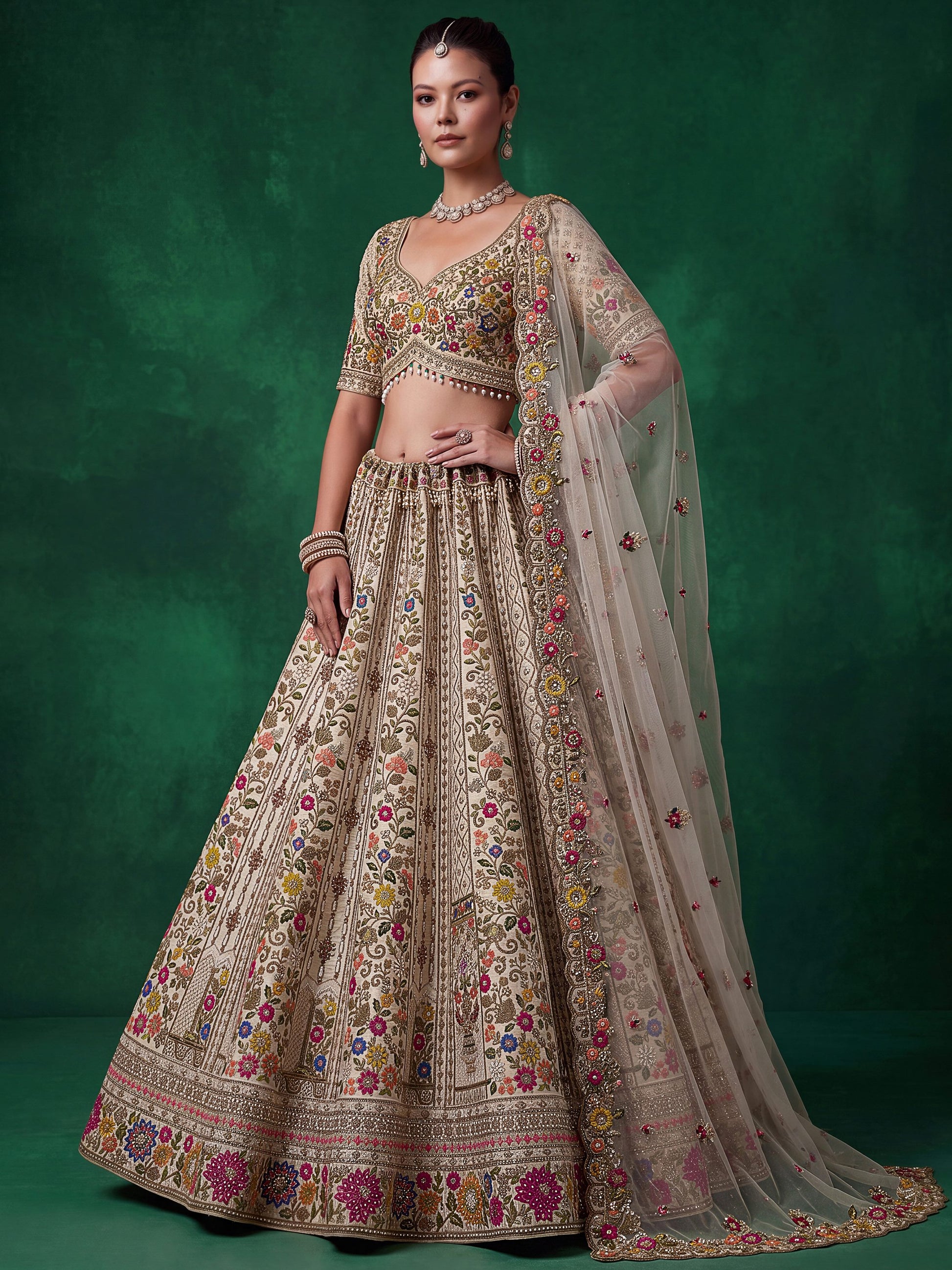 Awesome Cream Zari Work Silk Wedding Wear Lehenga Choli With Dupatta