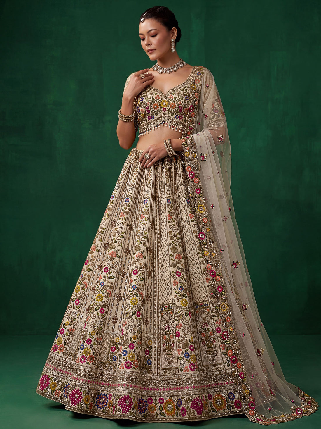 Awesome Cream Zari Work Silk Wedding Wear Lehenga Choli With Dupatta