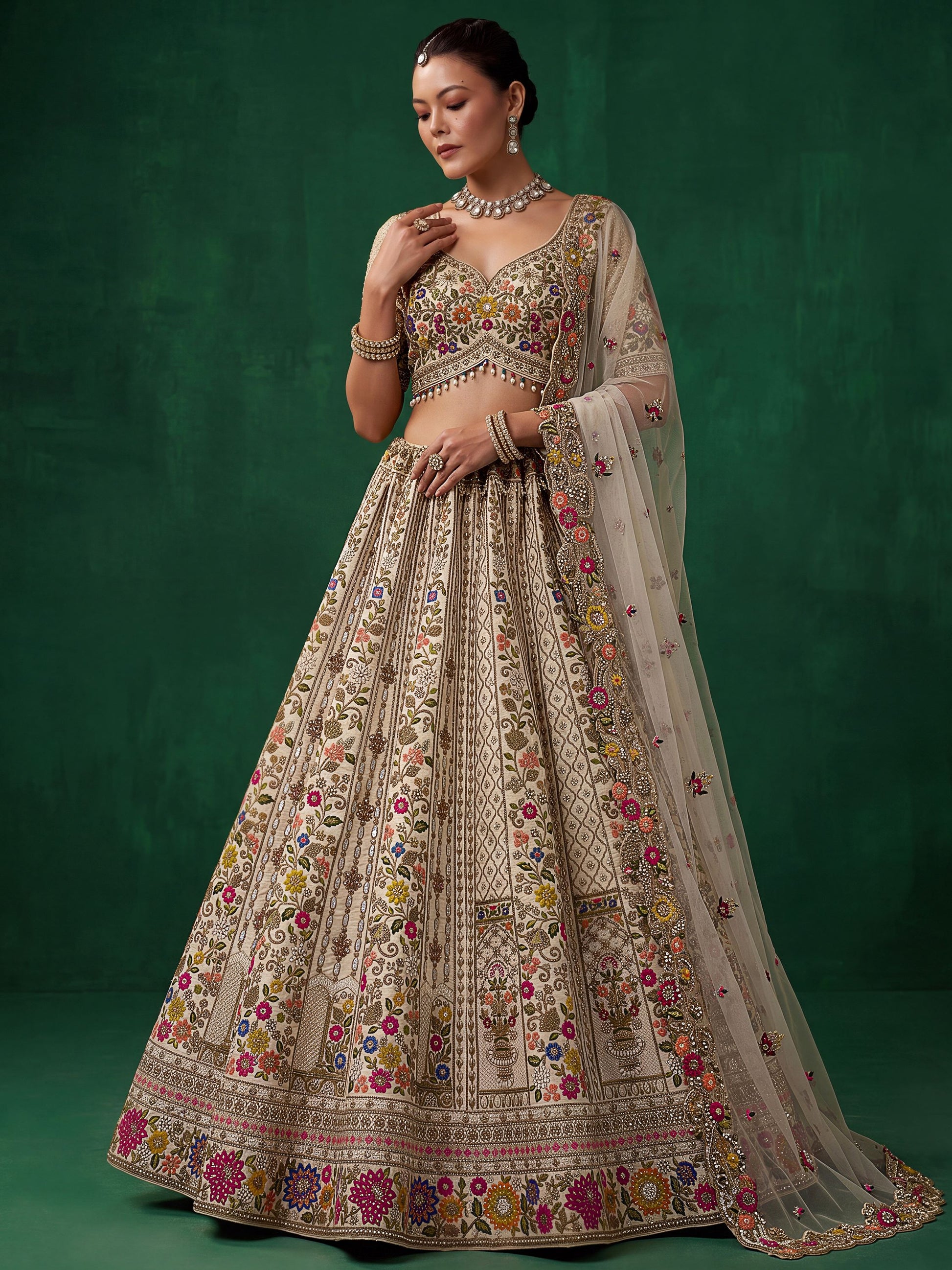 Awesome Cream Zari Work Silk Wedding Wear Lehenga Choli With Dupatta
