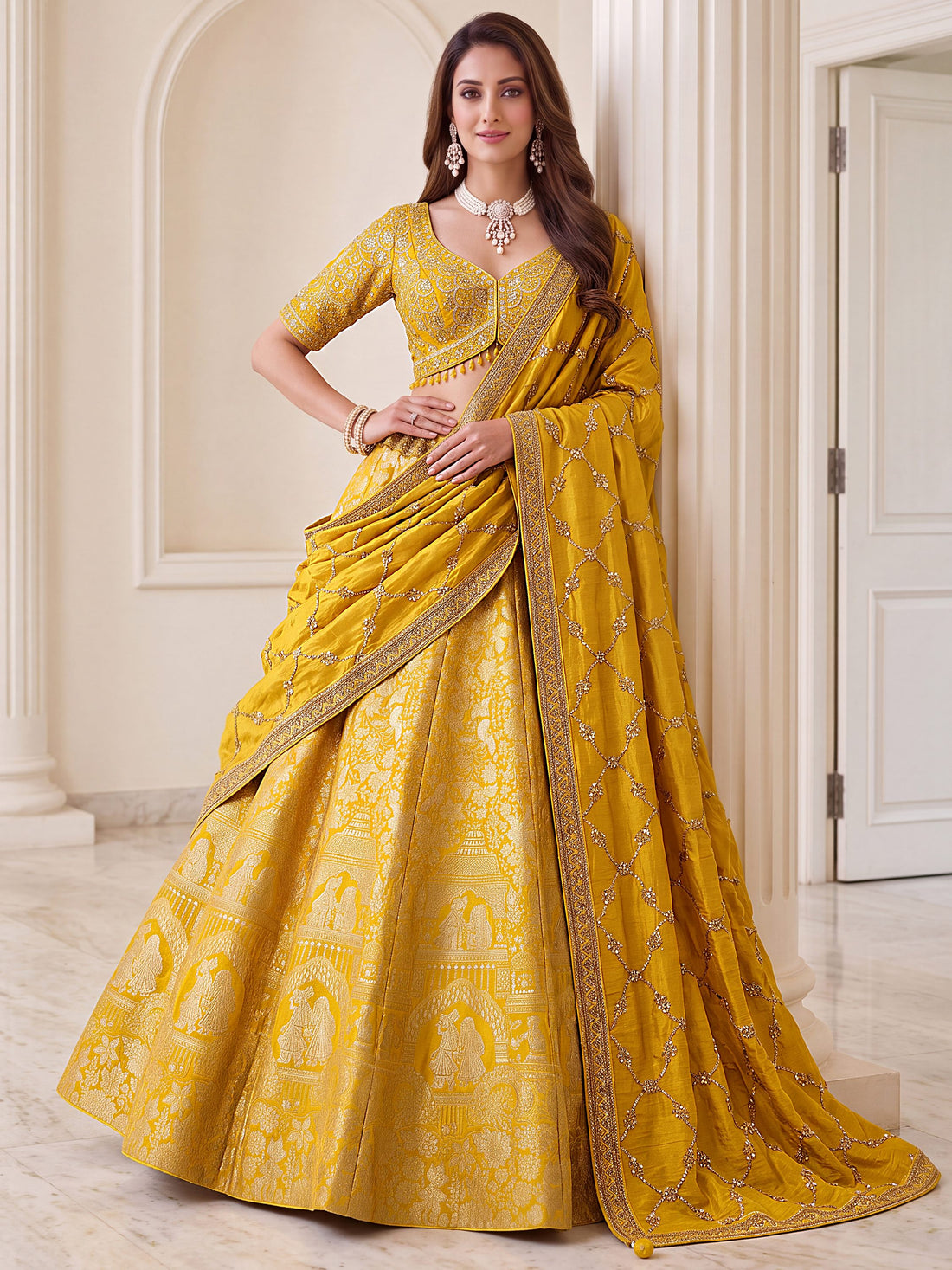 Pretty Yellow Zari Work Silk Wedding Wear Lehenga Choli With Dupatta