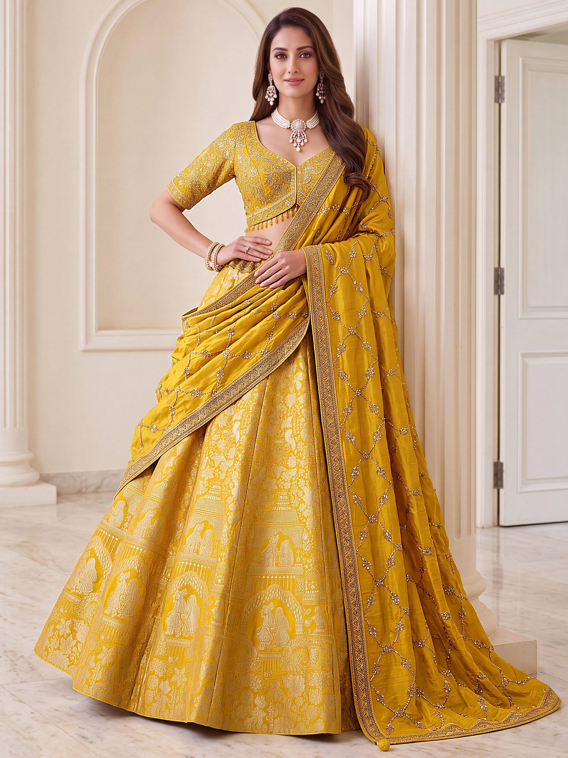 Pretty Yellow Zari Work Silk Wedding Wear Lehenga Choli With Dupatta