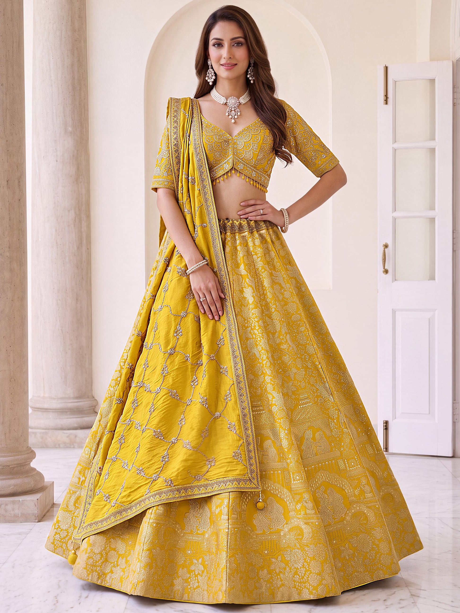 Pretty Yellow Zari Work Silk Wedding Wear Lehenga Choli With Dupatta