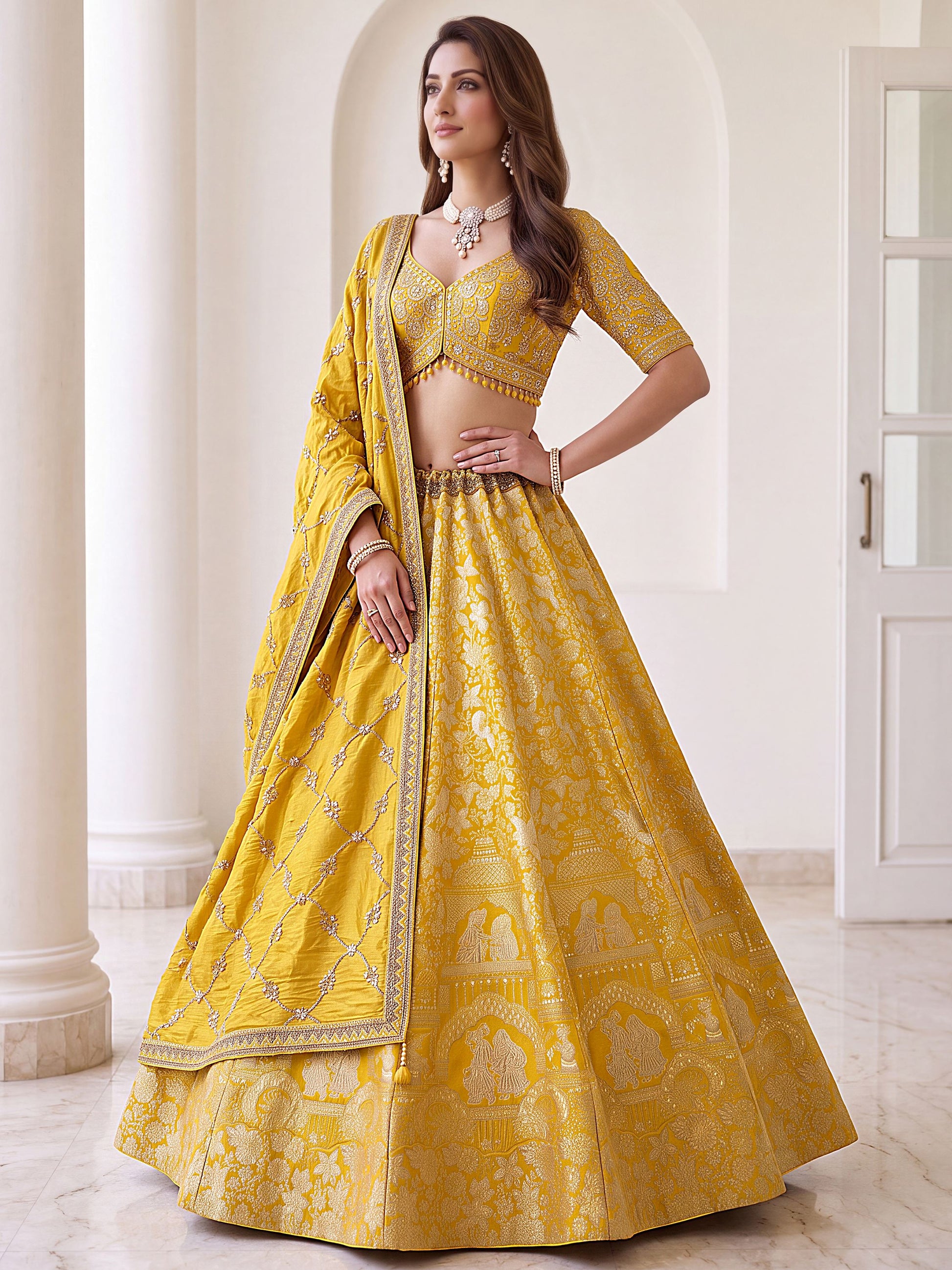 Pretty Yellow Zari Work Silk Wedding Wear Lehenga Choli With Dupatta