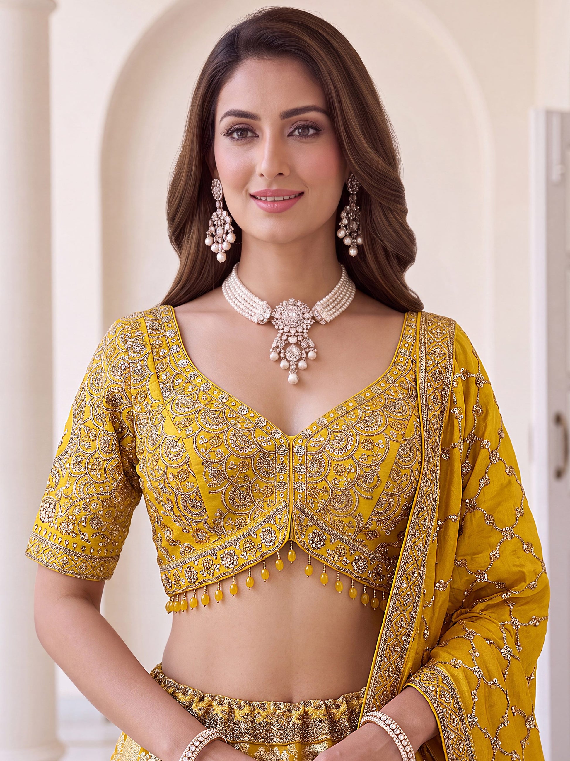 Pretty Yellow Zari Work Silk Wedding Wear Lehenga Choli With Dupatta