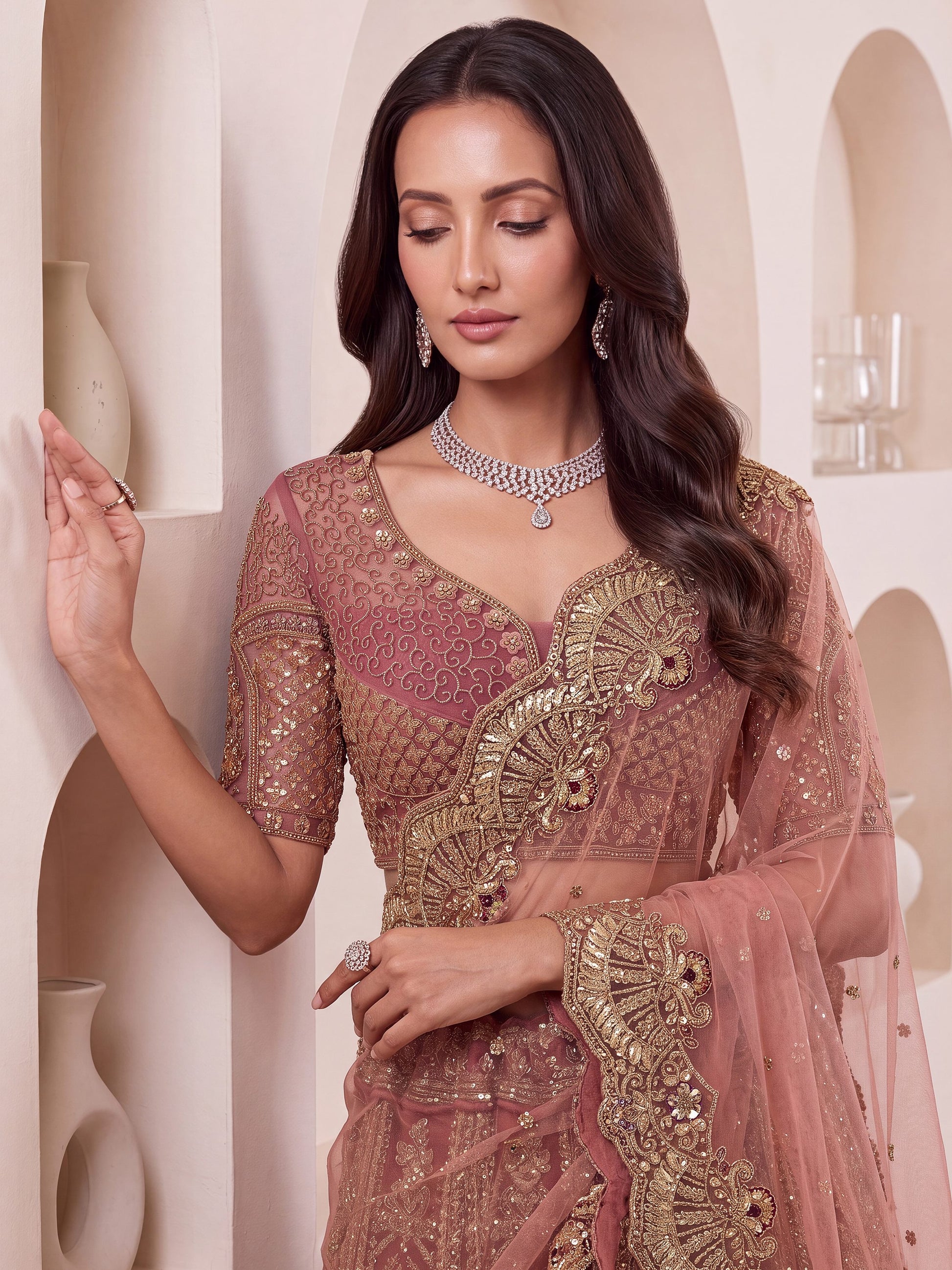 Wonderful Dusty Rose Embroidered Net Bridal Lehenga Choli with Dupatta