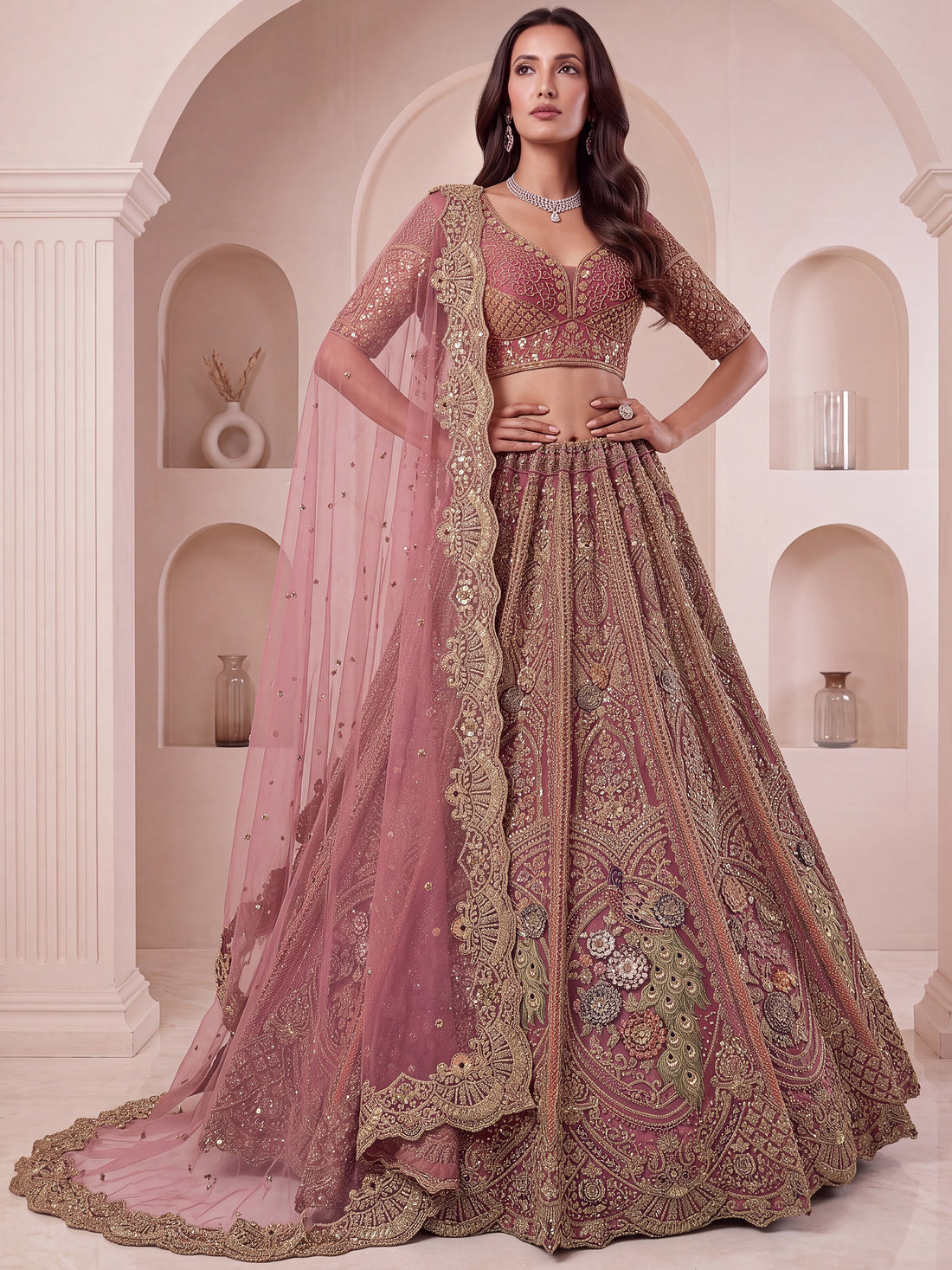 Wonderful Dusty Rose Embroidered Net Bridal Lehenga Choli with Dupatta