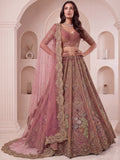 Wonderful Dusty Rose Embroidered Net Bridal Lehenga Choli with Dupatta