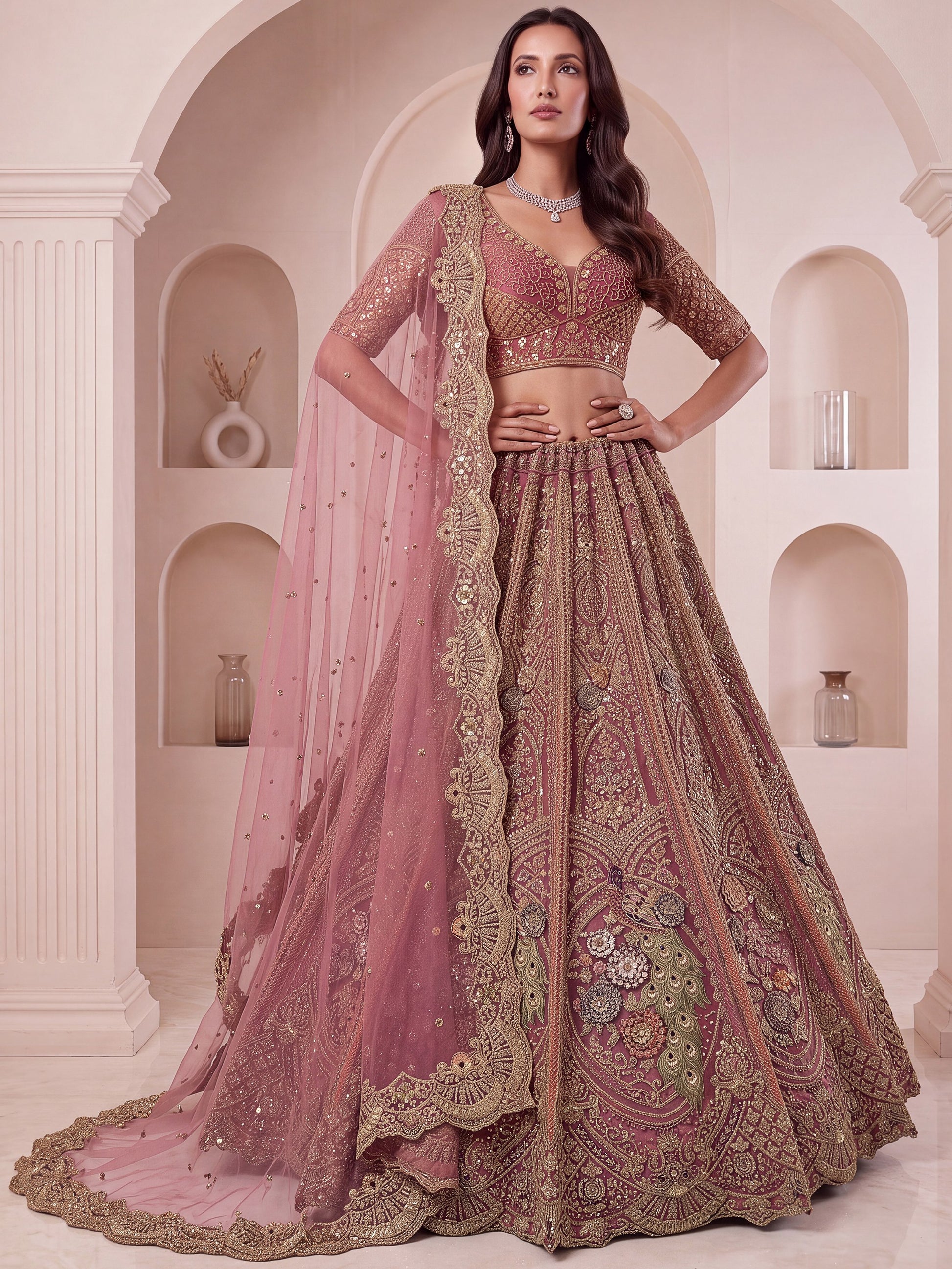 Wonderful Dusty Rose Embroidered Net Bridal Lehenga Choli with Dupatta