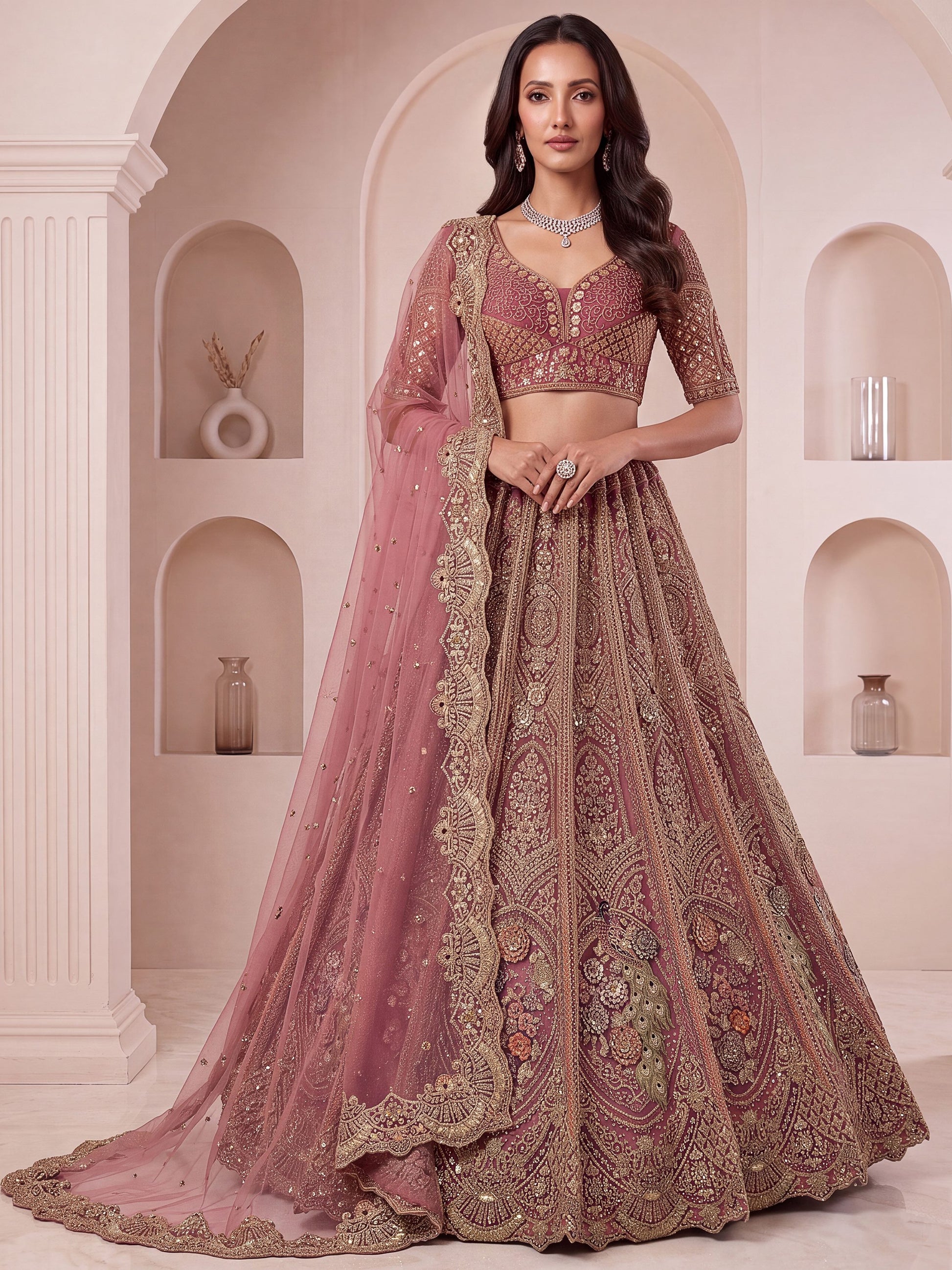 Wonderful Dusty Rose Embroidered Net Bridal Lehenga Choli with Dupatta