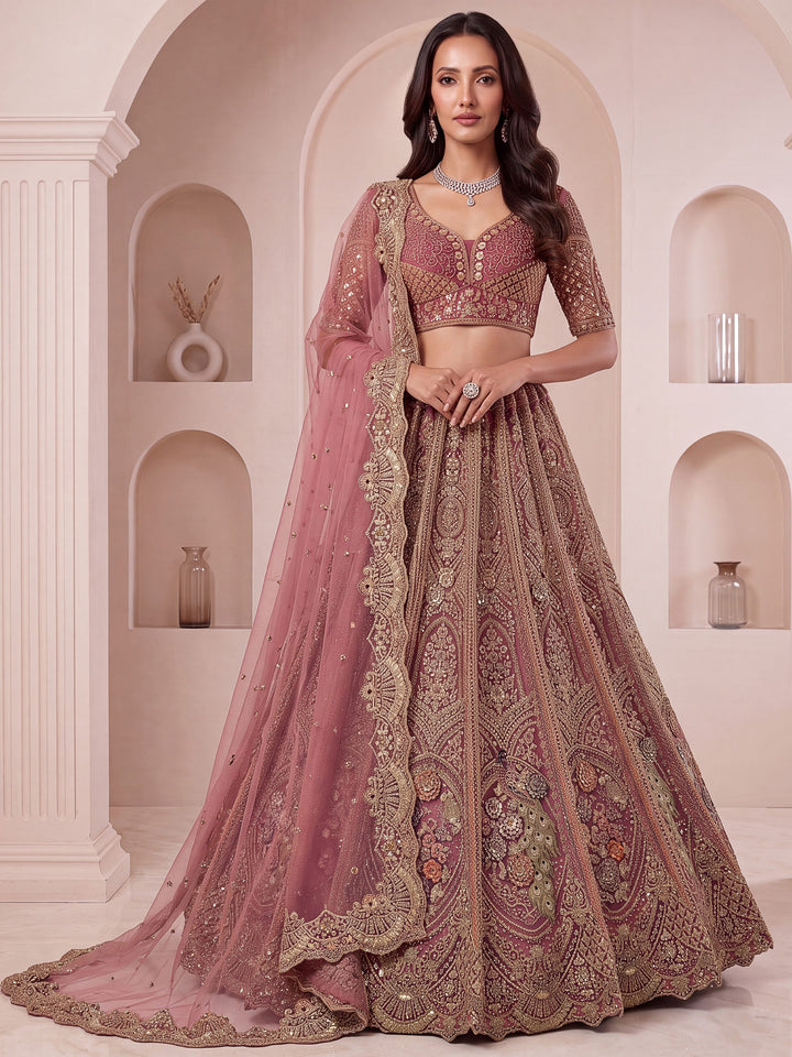 Wonderful Dusty Rose Embroidered Net Bridal Lehenga Choli with Dupatta