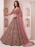 Wonderful Dusty Rose Embroidered Net Bridal Lehenga Choli with Dupatta