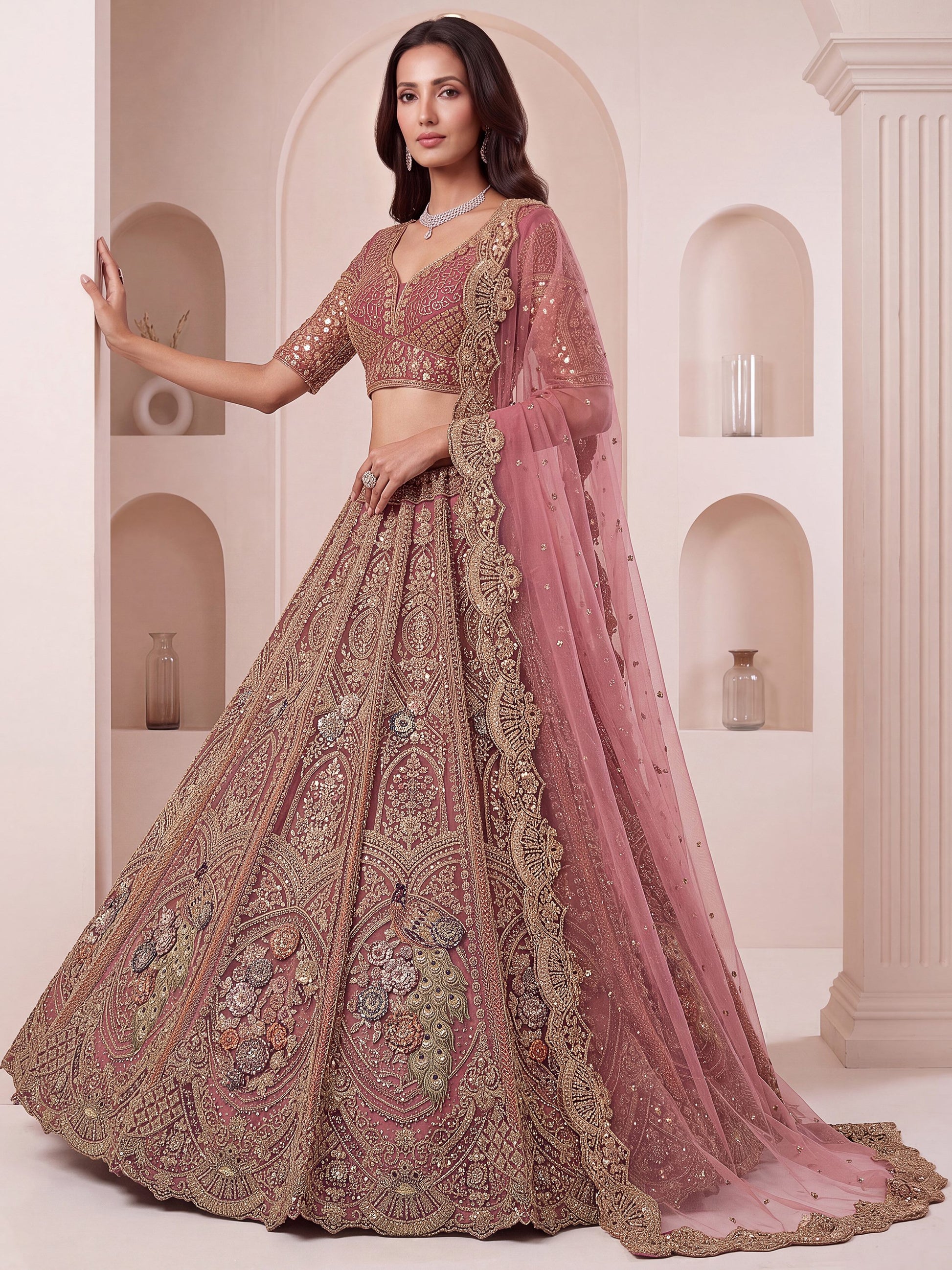 Wonderful Dusty Rose Embroidered Net Bridal Lehenga Choli with Dupatta