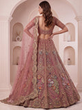 Wonderful Dusty Rose Embroidered Net Bridal Lehenga Choli with Dupatta