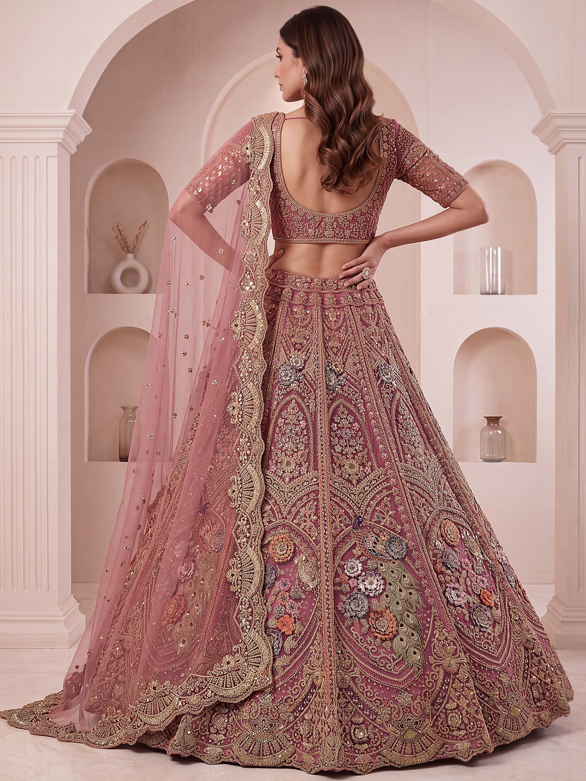 Wonderful Dusty Rose Embroidered Net Bridal Lehenga Choli with Dupatta