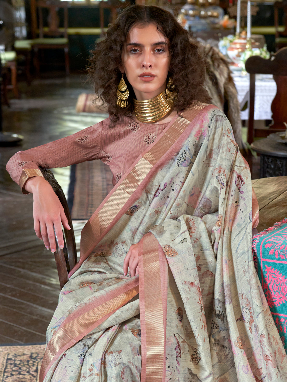 Majestic Peach & Off-White Printed Banarasi Silk Traditional Saree