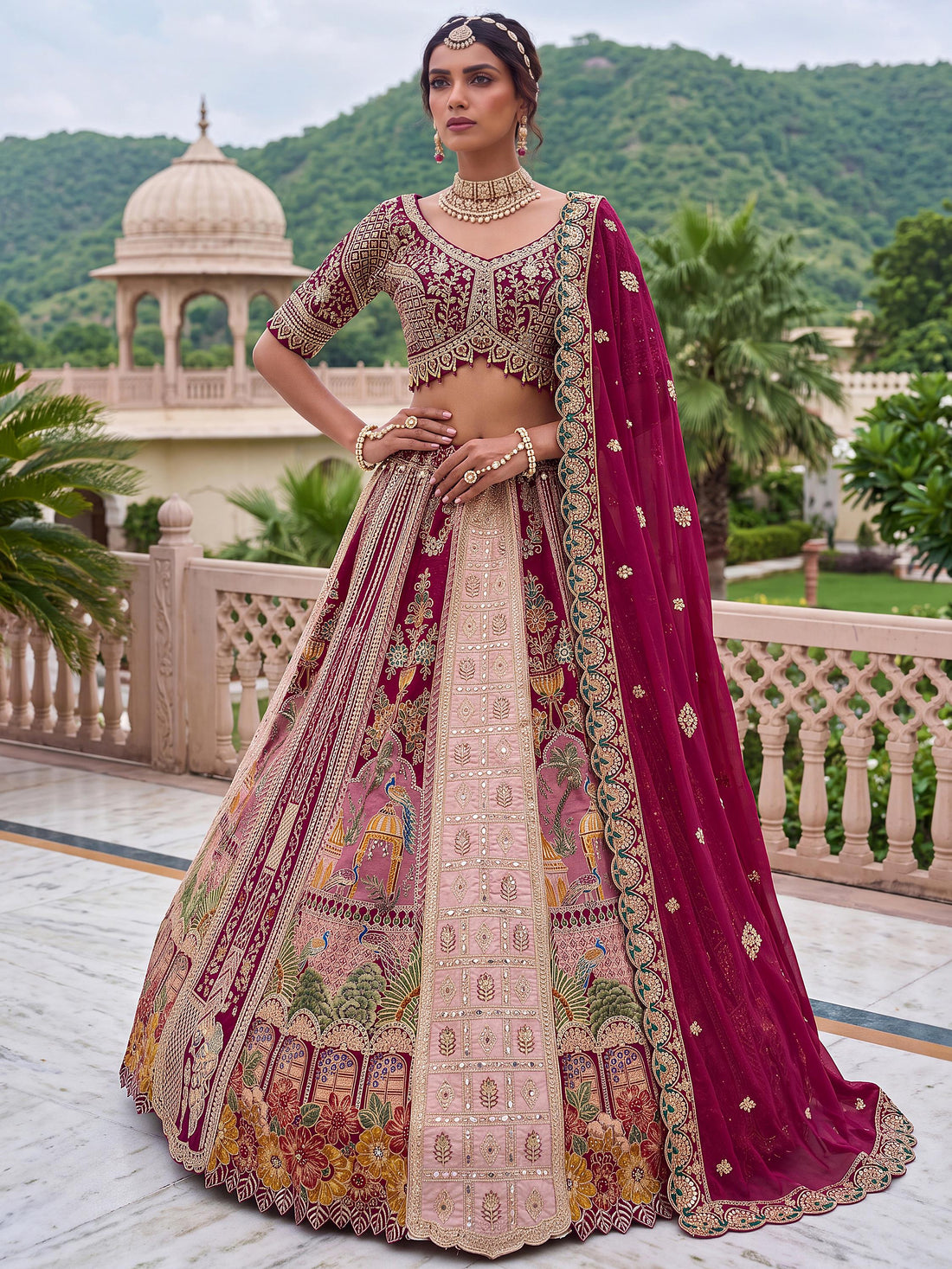 Charming Wine Zari Work Silk Wedding Wear Lehenga Choli With Dupatta