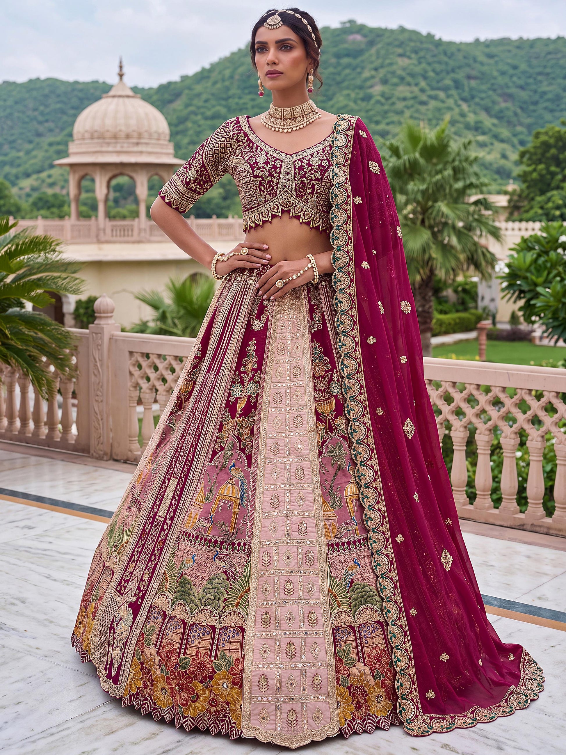 Charming Wine Zari Work Silk Wedding Wear Lehenga Choli With Dupatta