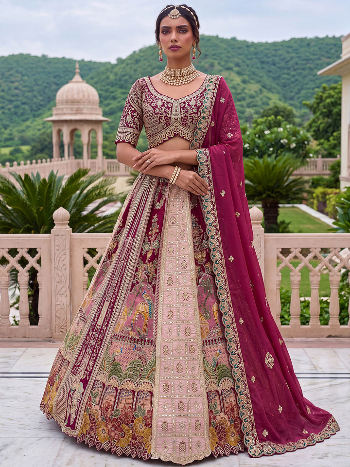 Charming Wine Zari Work Silk Wedding Wear Lehenga Choli With Dupatta