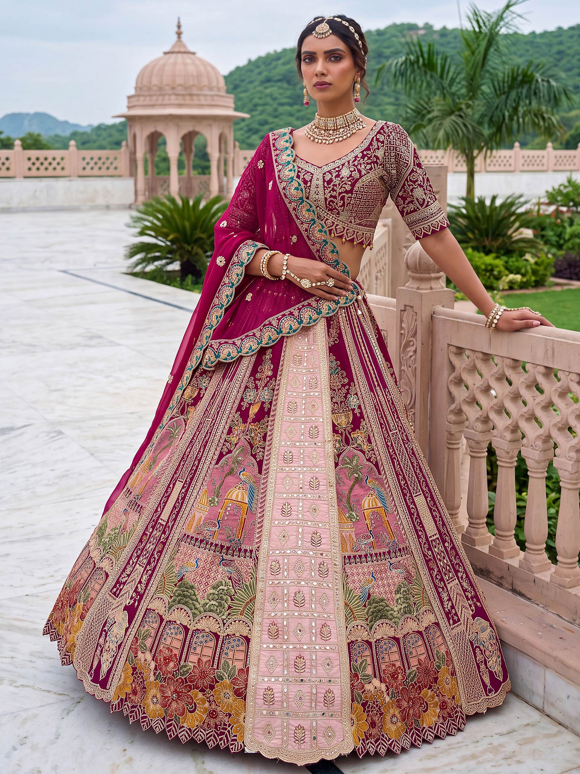 Charming Wine Zari Work Silk Wedding Wear Lehenga Choli With Dupatta