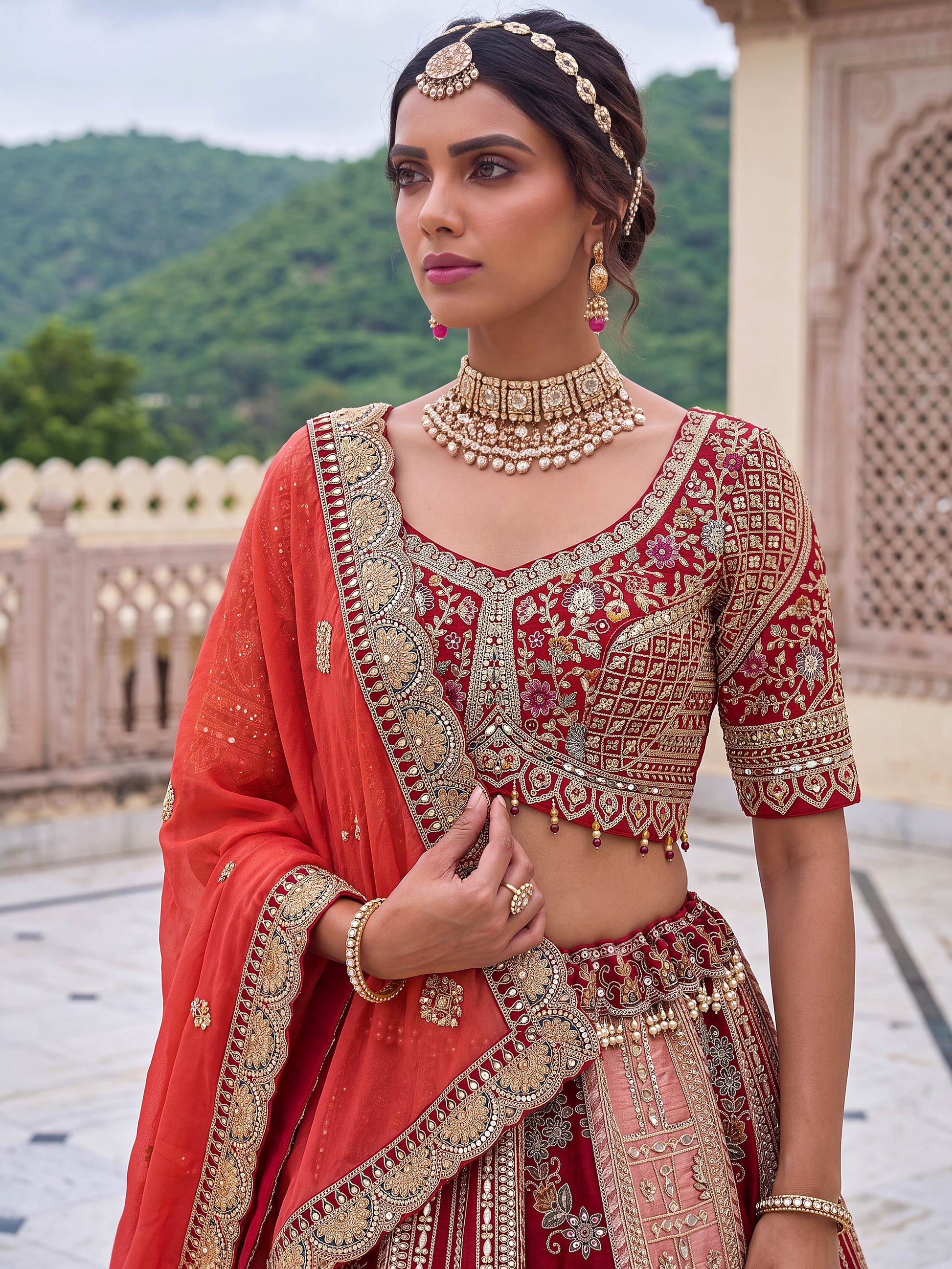 Alluring Red Embroidery Silk Bridal Wear Lehenga Choli With Dupatta