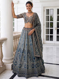 Great Blue Embroidered Banarasi Silk Wedding Lehenga Choli With Dupatta 