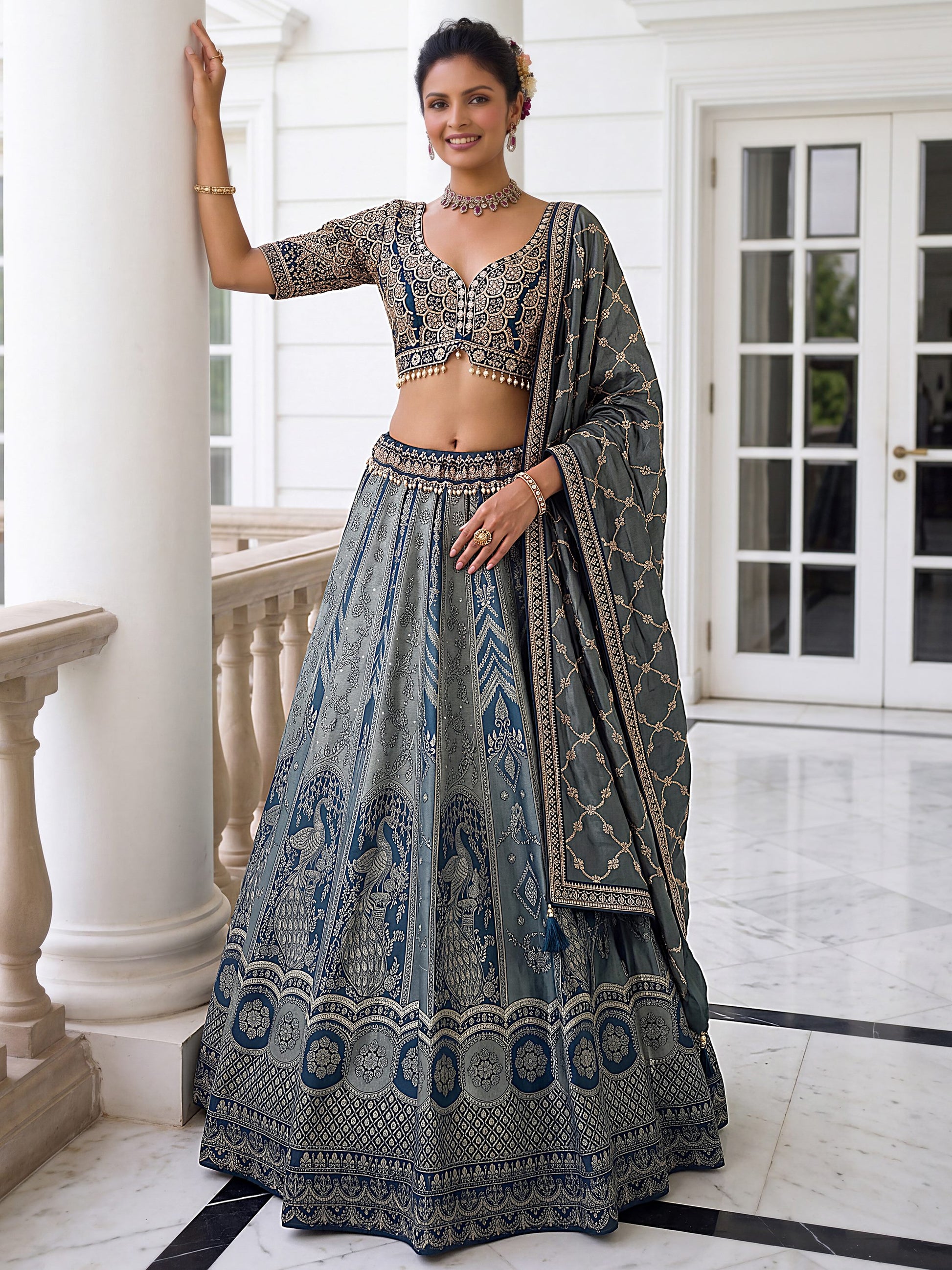Great Blue Embroidered Banarasi Silk Wedding Lehenga Choli With Dupatta 