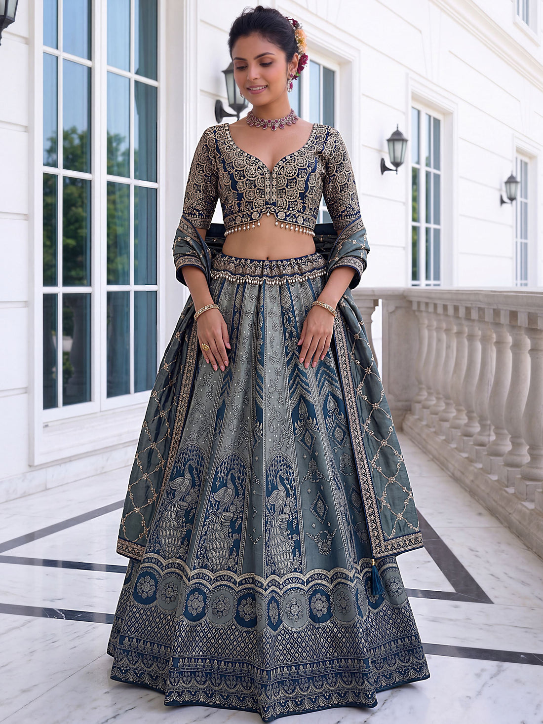 Great Blue Embroidered Banarasi Silk Wedding Lehenga Choli With Dupatta 