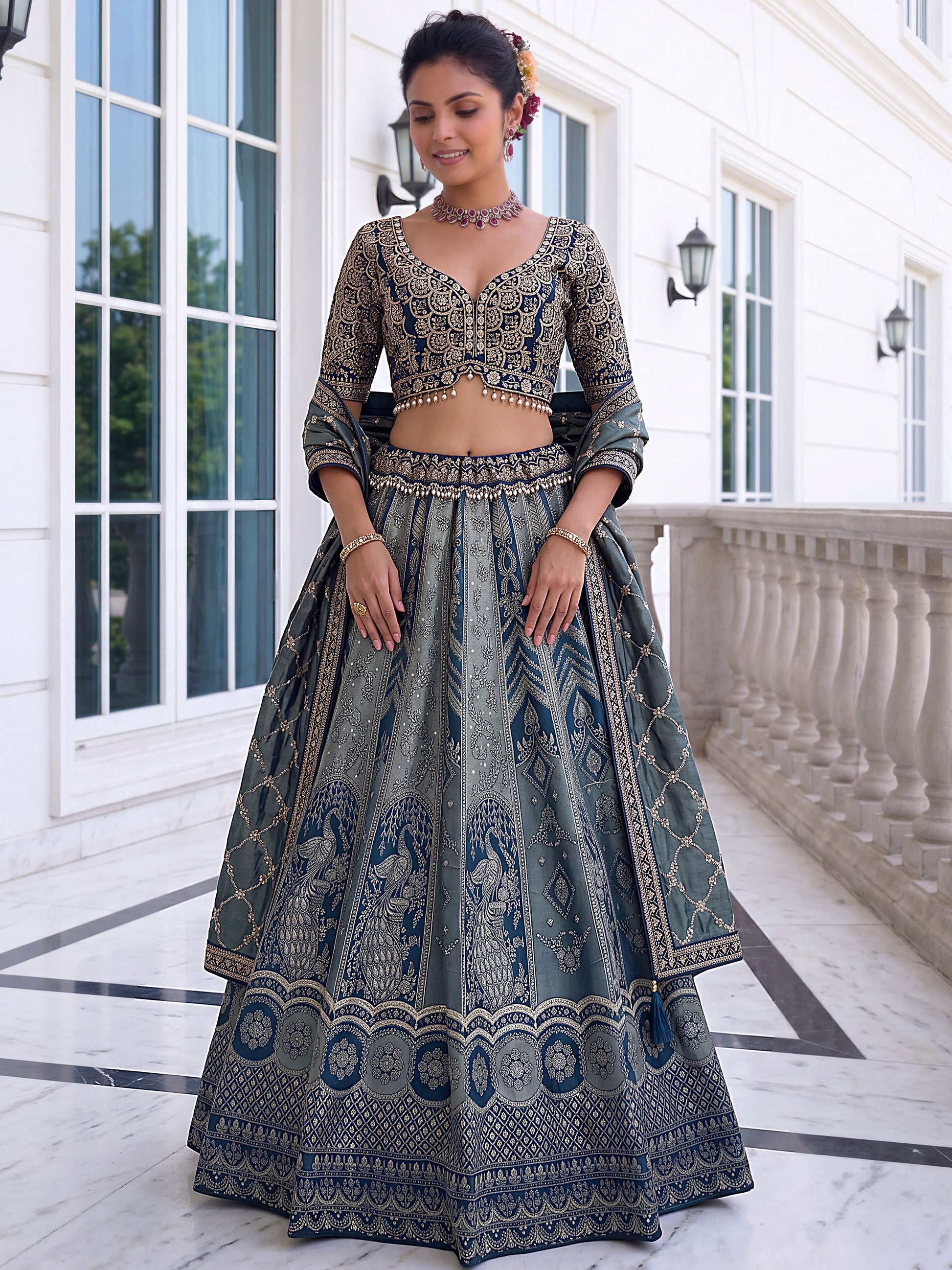 Great Blue Embroidered Banarasi Silk Wedding Lehenga Choli With Dupatta 