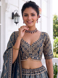 Great Blue Embroidered Banarasi Silk Wedding Lehenga Choli With Dupatta 