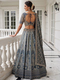 Great Blue Embroidered Banarasi Silk Wedding Lehenga Choli With Dupatta 