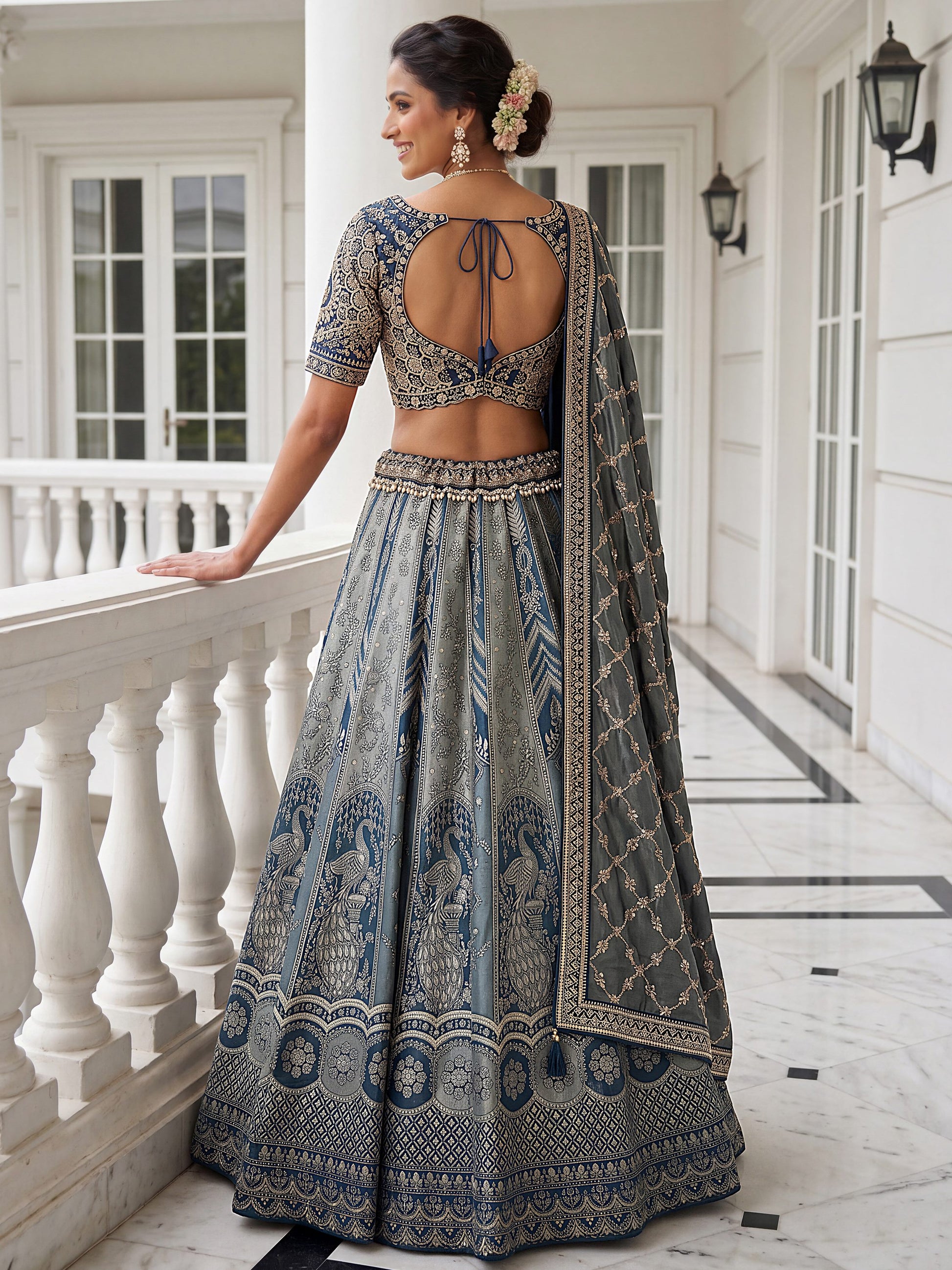 Great Blue Embroidered Banarasi Silk Wedding Lehenga Choli With Dupatta 