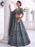 Great Blue Embroidered Banarasi Silk Wedding Lehenga Choli With Dupatta 