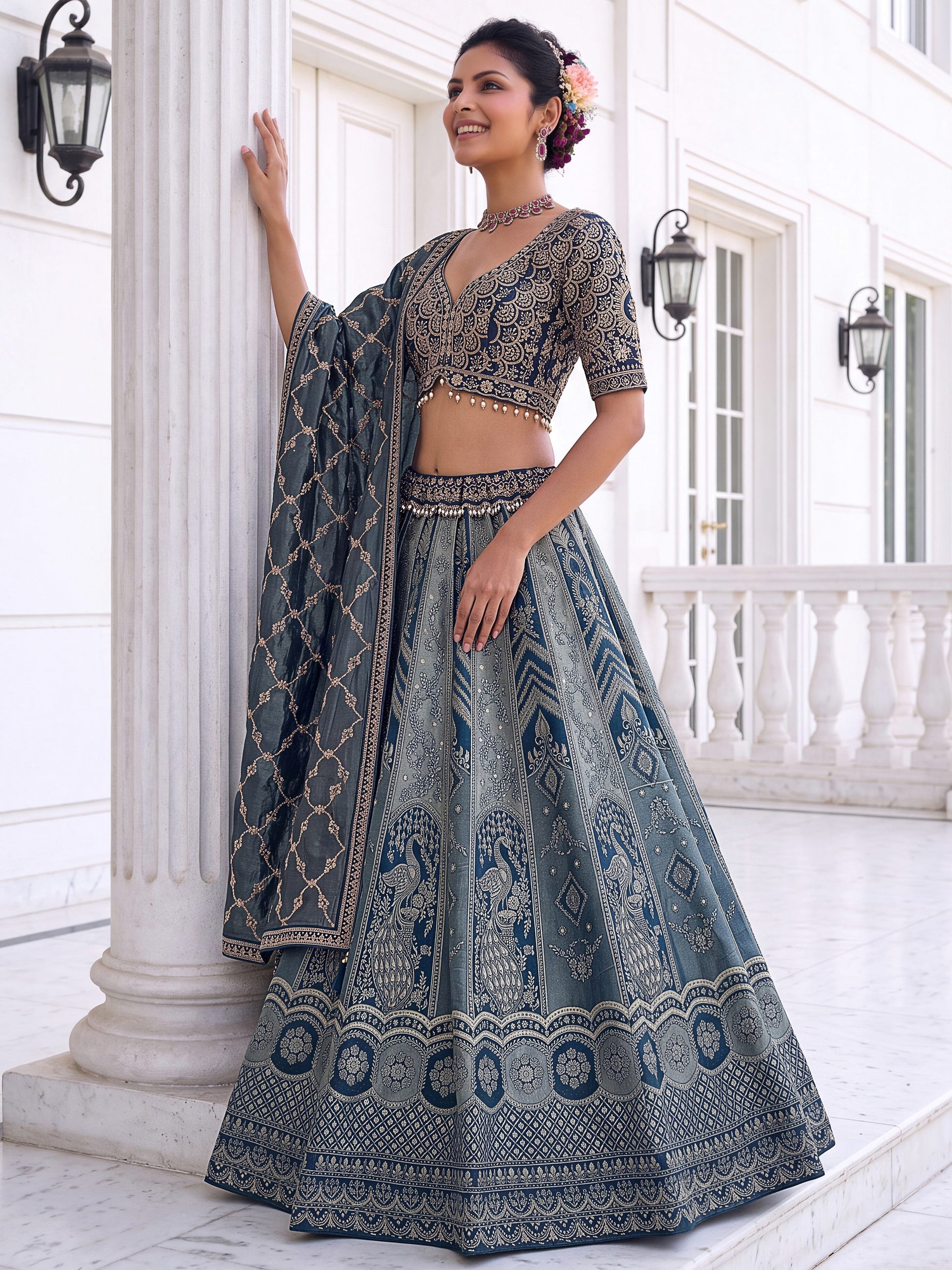 Great Blue Embroidered Banarasi Silk Wedding Lehenga Choli With Dupatta 