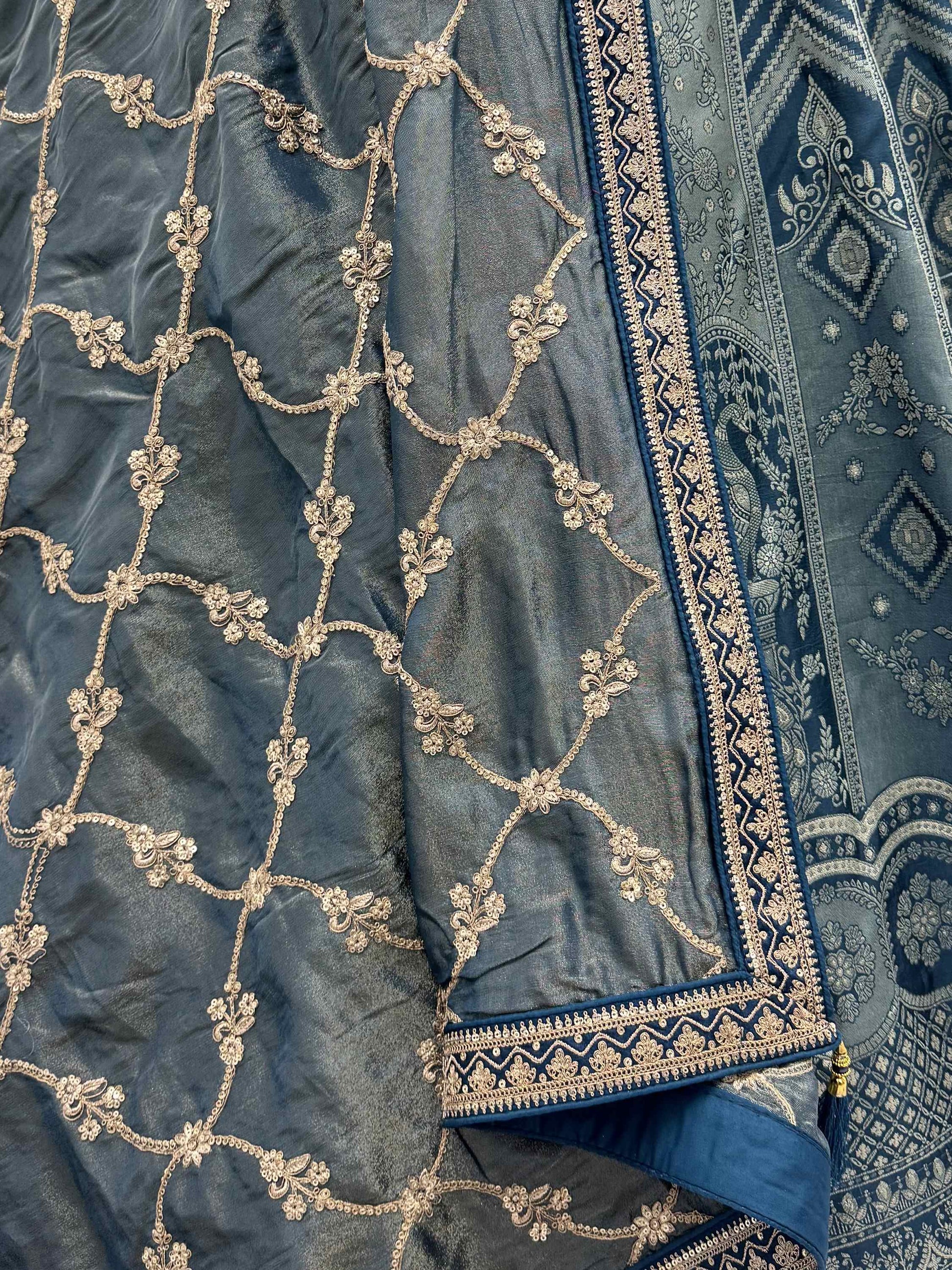 Great Blue Embroidered Banarasi Silk Wedding Lehenga Choli With Dupatta 