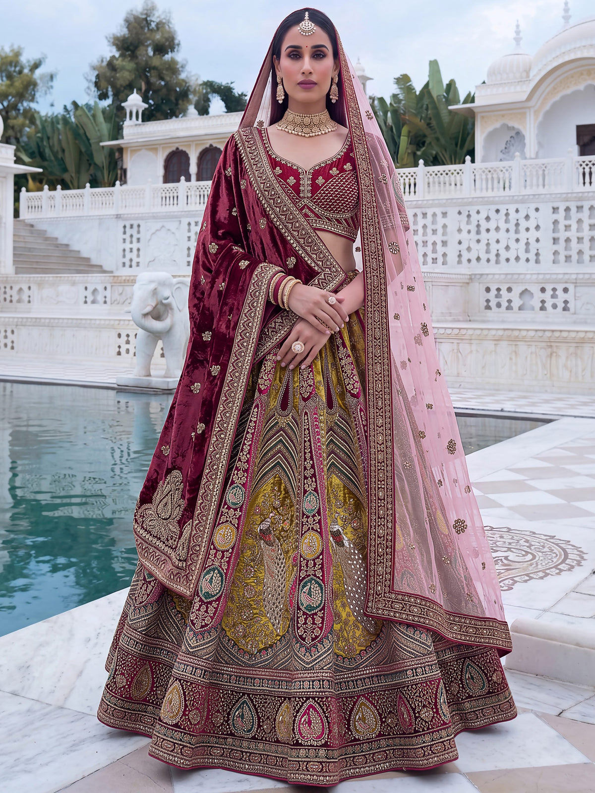 Alluring Maroon Embroidered Velvet Bridal Lehenga Choli With Dupatta 