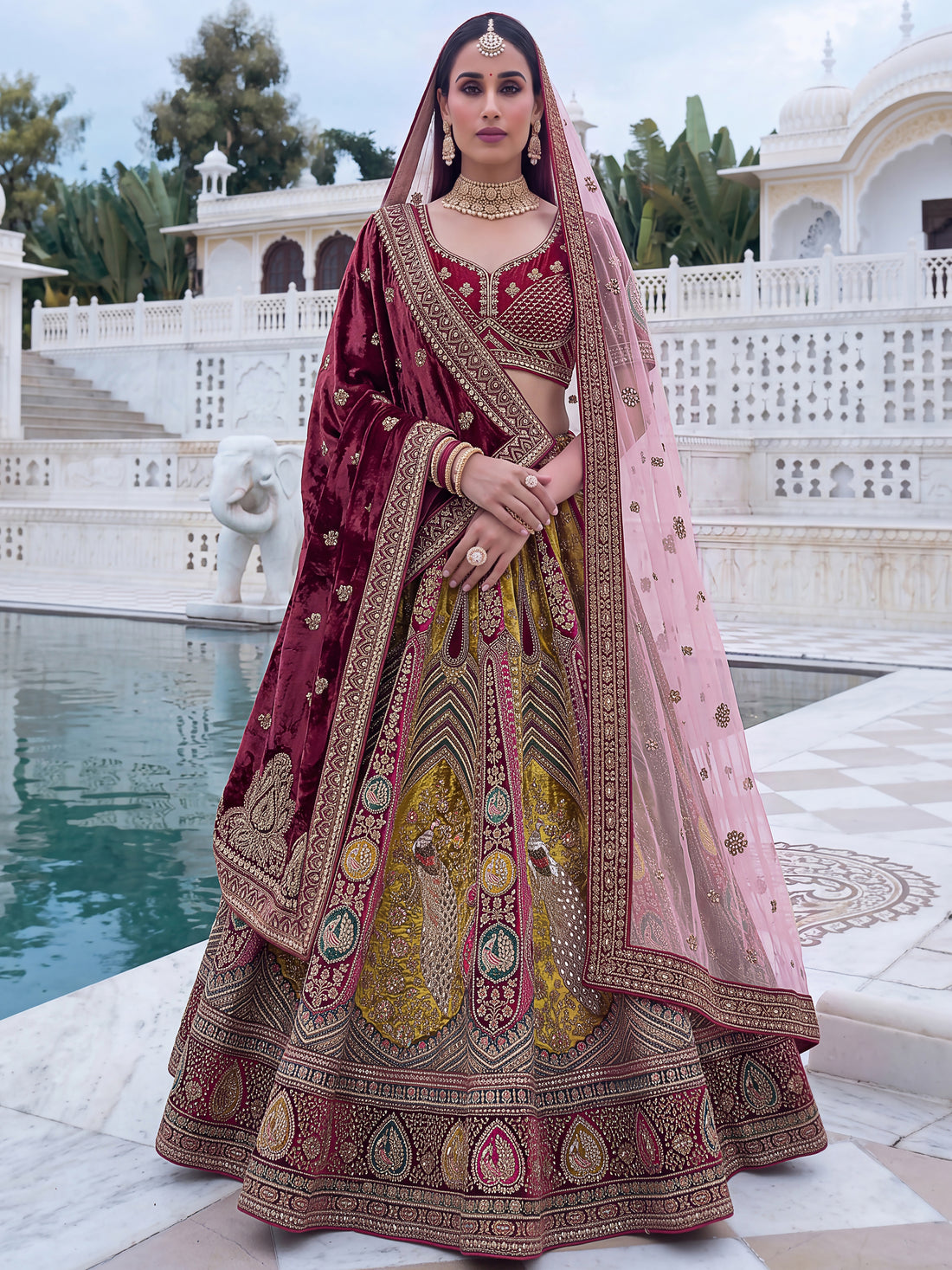 Alluring Maroon Embroidered Velvet Bridal Lehenga Choli With Dupatta 