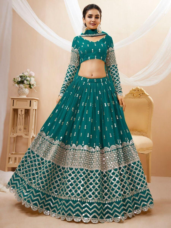 Stunning Teal Blue Sequins Georgette Lehenga Choli With Net Dupatta