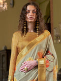 Amazing Yellow & Grey Printed Banarasi Silk Saree With Blouse
