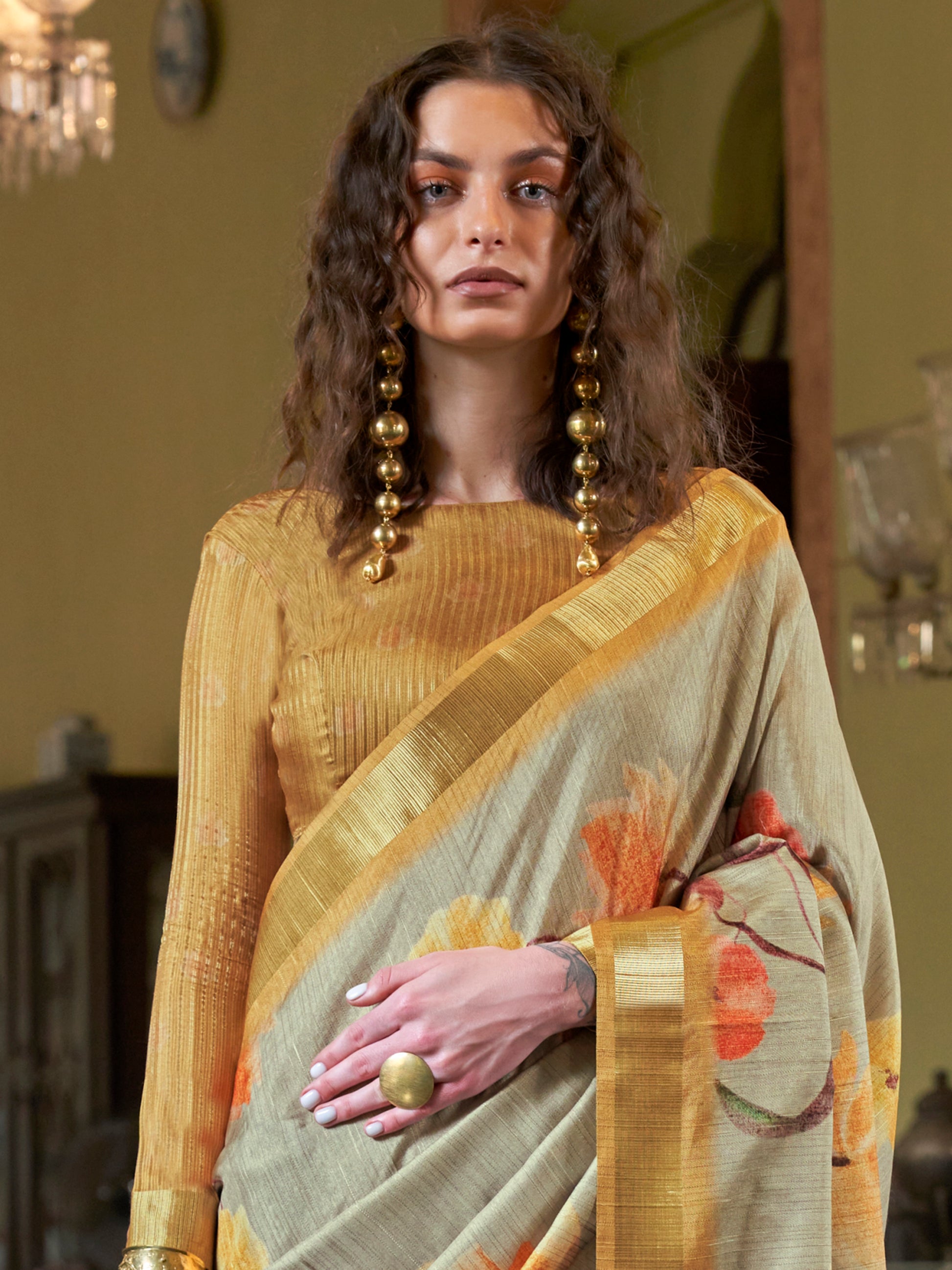 Amazing Yellow & Grey Printed Banarasi Silk Saree With Blouse