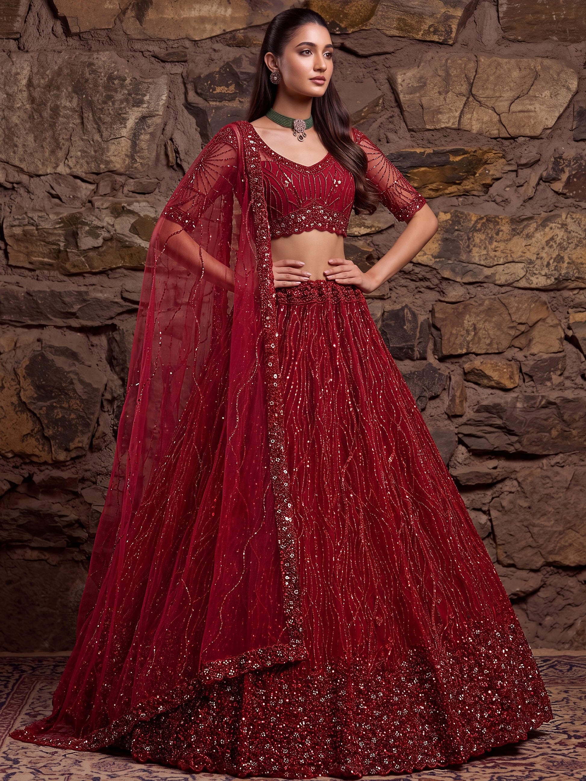 Precious Red Zari Embroidery Net Bridal Wear Lehenga Choli With Dupatta 