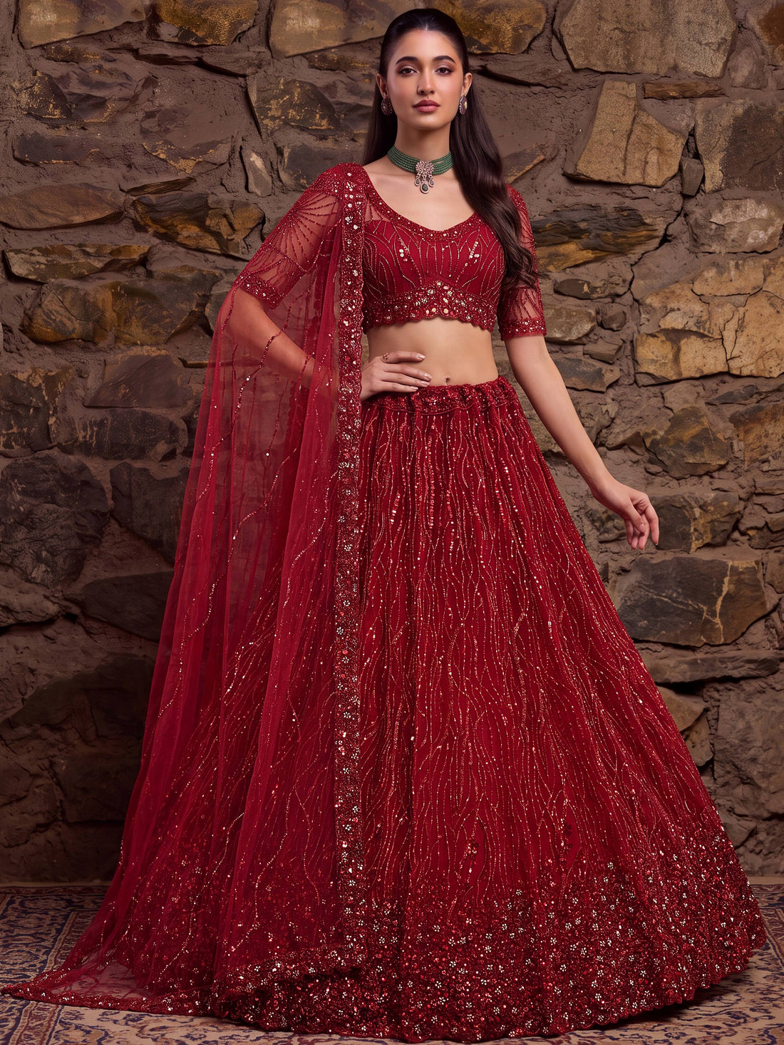 Precious Red Zari Embroidery Net Bridal Wear Lehenga Choli With Dupatta 