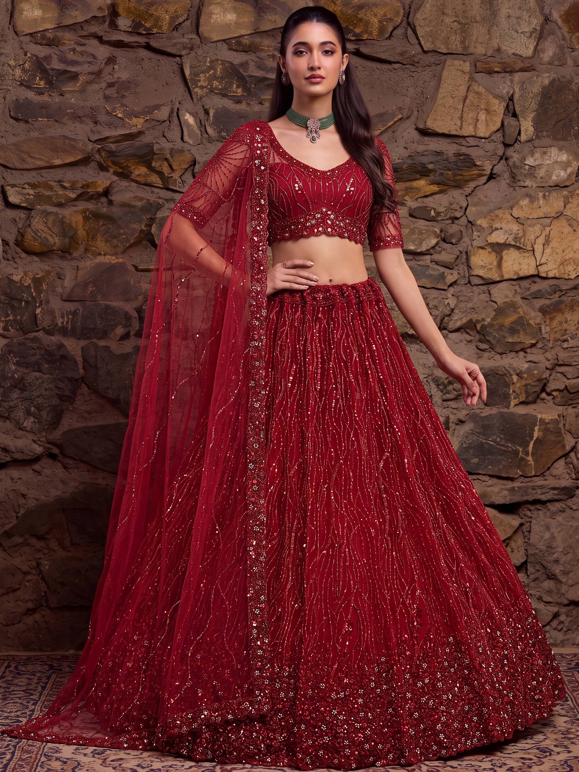 Precious Red Zari Embroidery Net Bridal Wear Lehenga Choli With Dupatta 