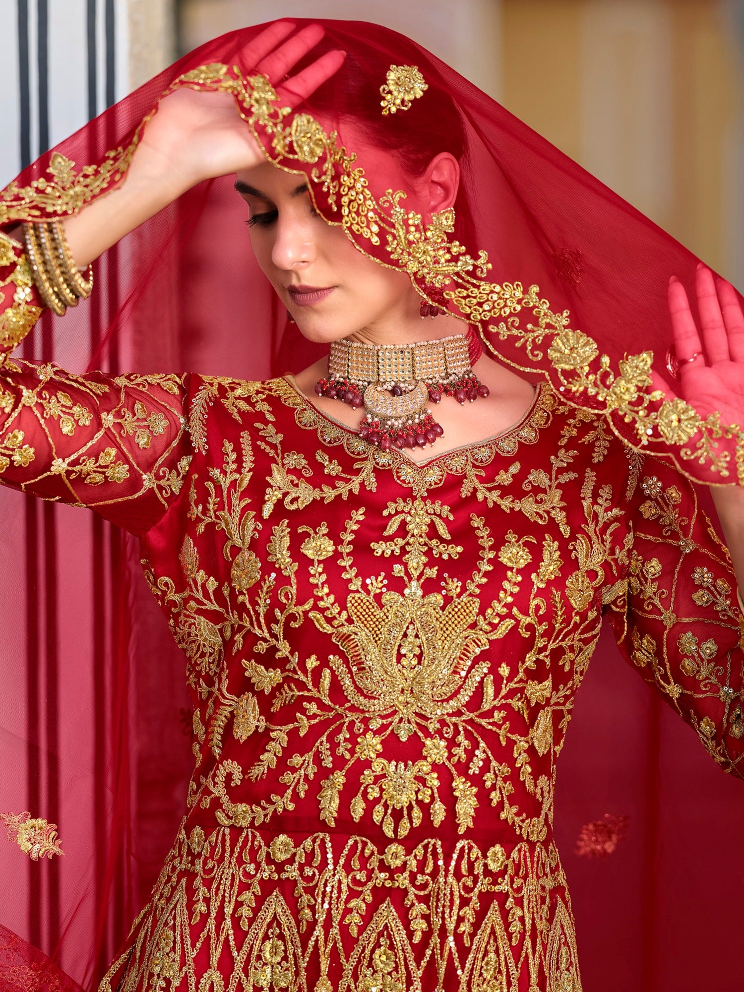 Impressive Red Coding Work Net Wedding Wear Gown With Dupatta