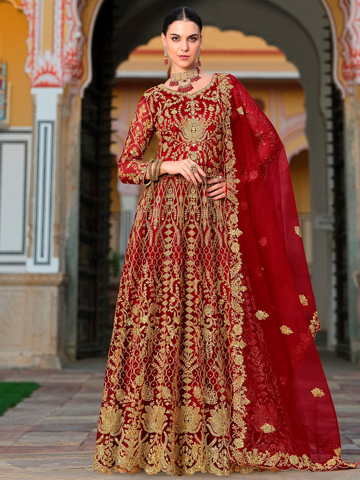 Impressive Red Coding Work Net Wedding Wear Gown With Dupatta