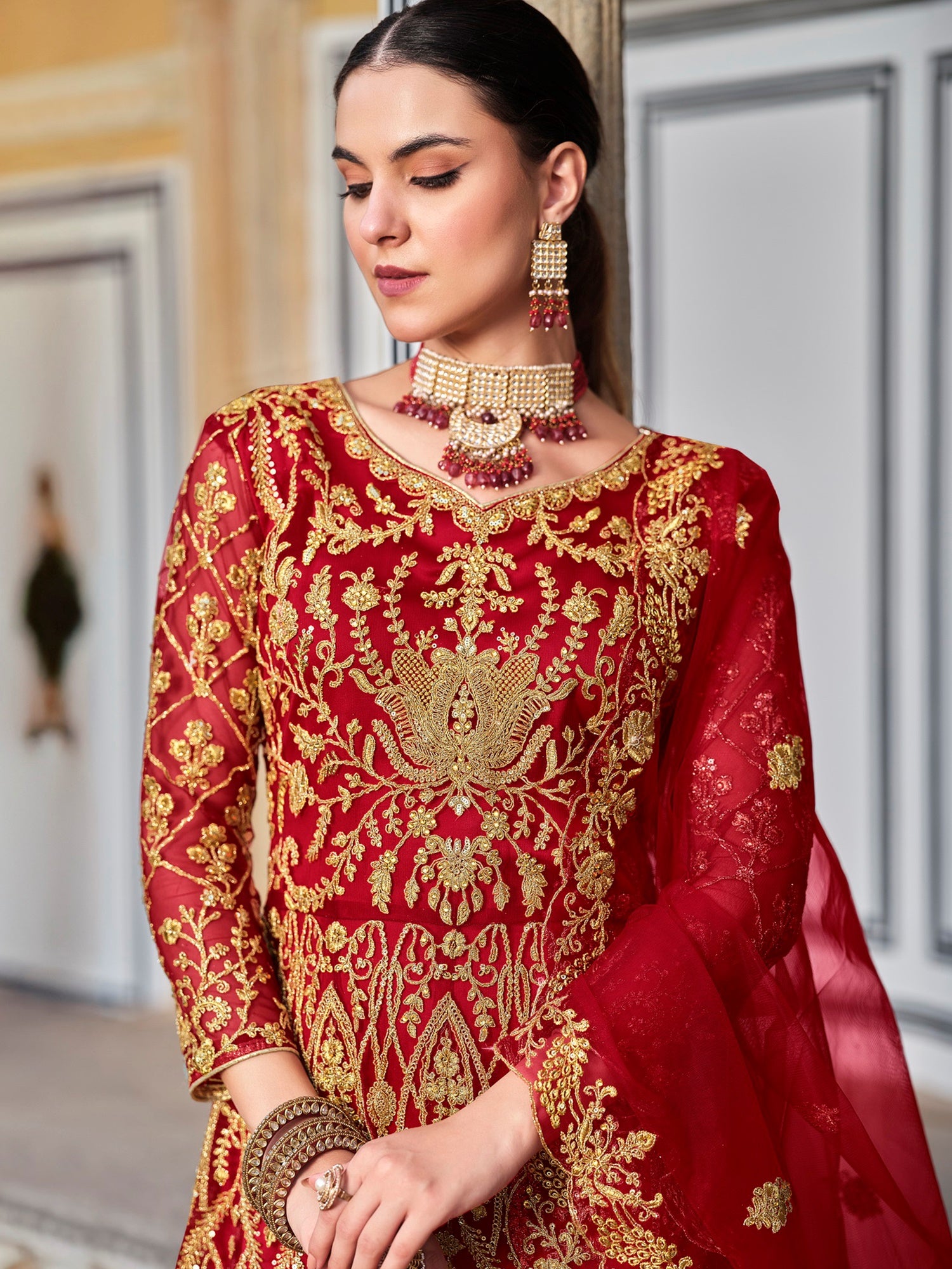 Impressive Red Coding Work Net Wedding Wear Gown With Dupatta