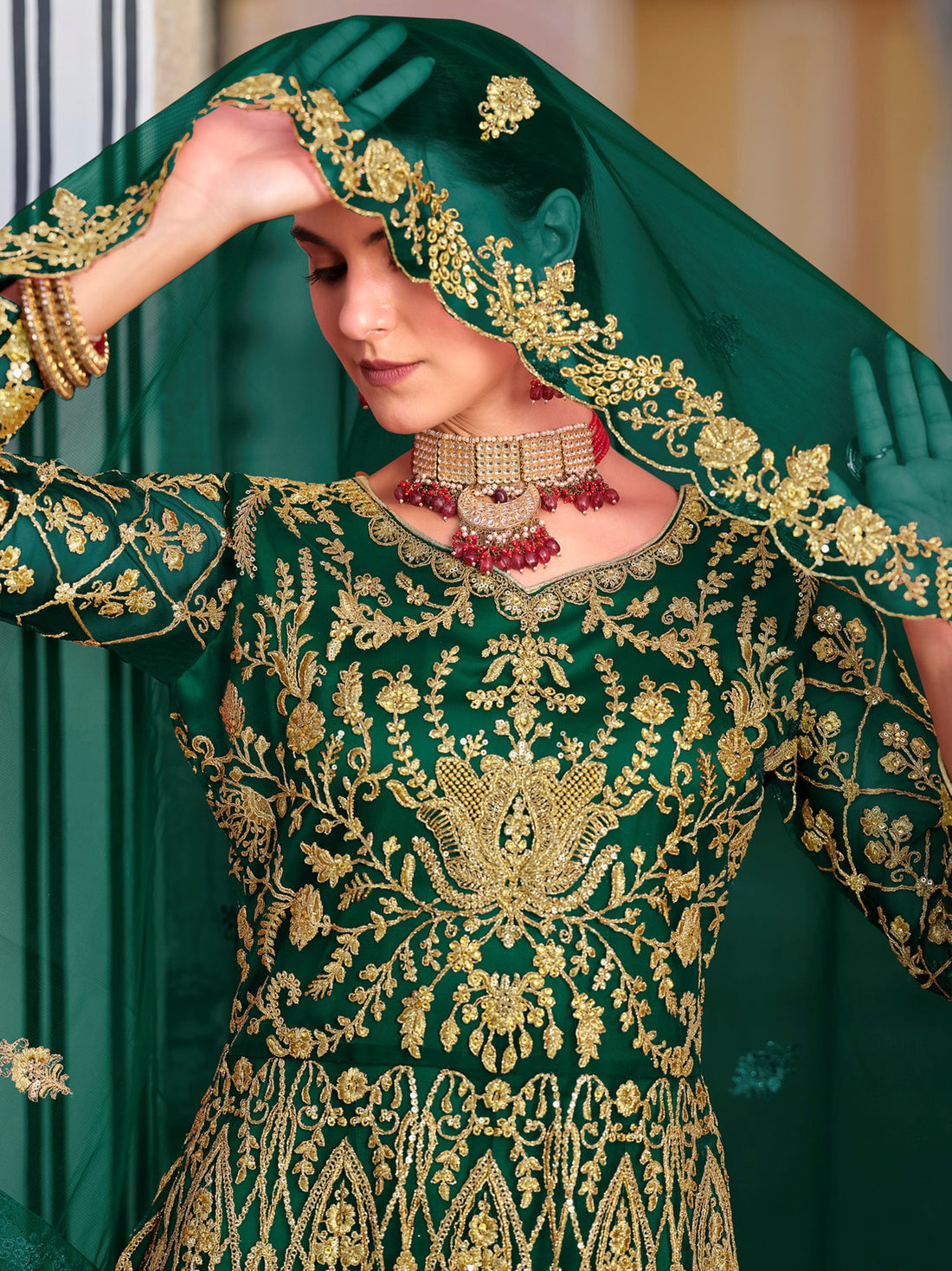 Remarkable Green Stone Work Net Mehendi Wear Gown With Dupatta
